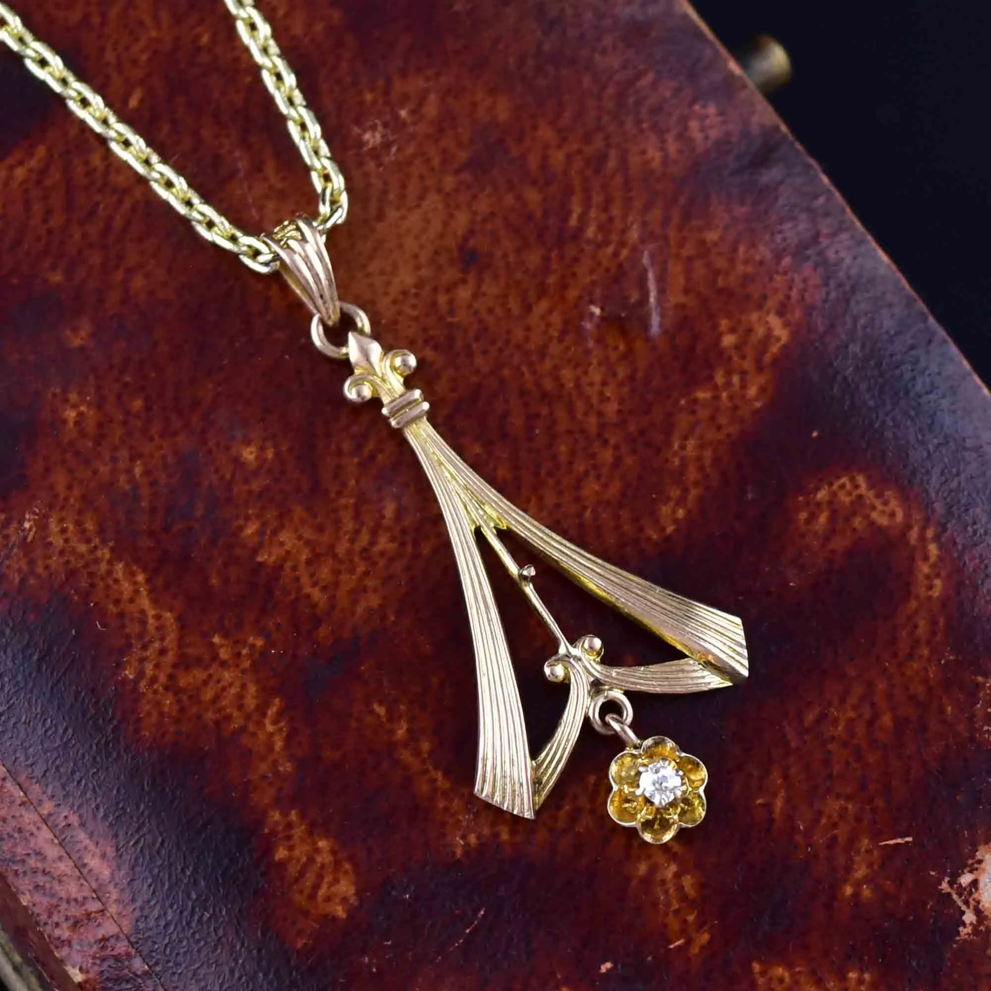 10K Rose Gold Diamond Art Nouveau Lavaliere Pendant Necklace