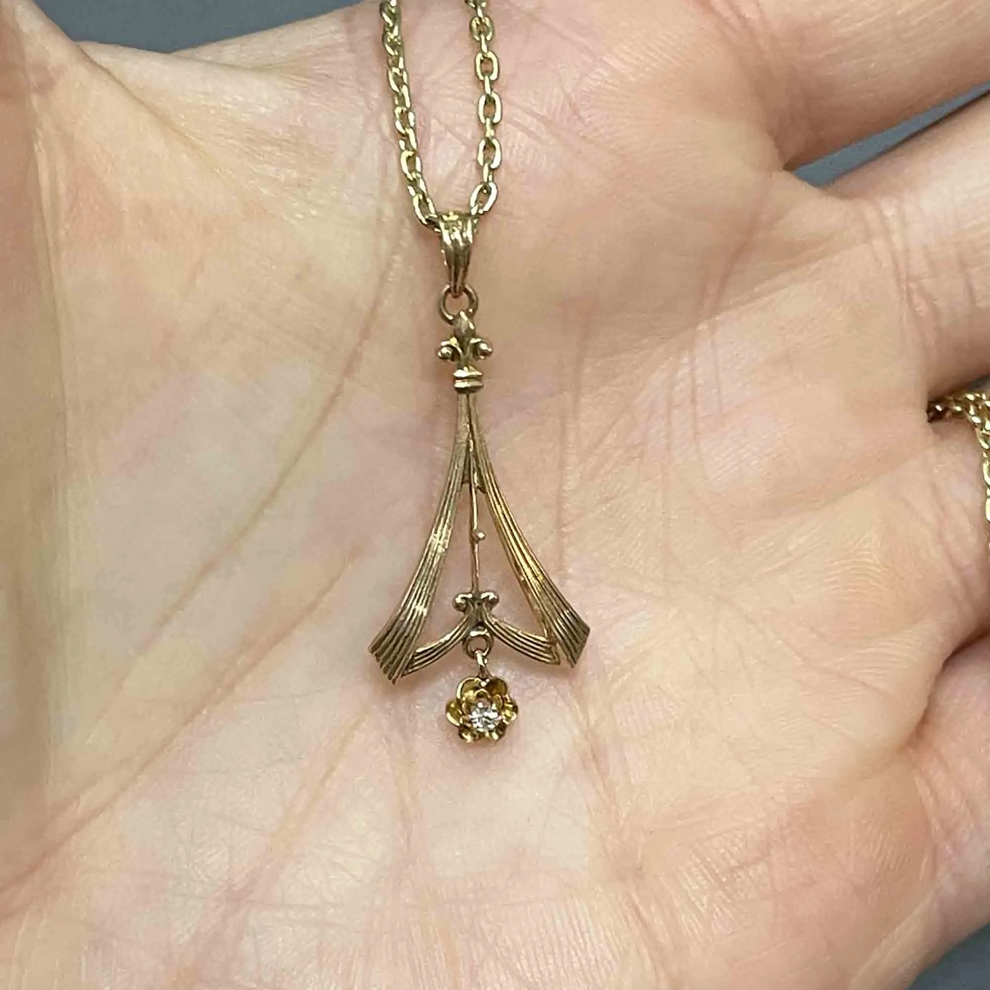 10K Rose Gold Diamond Art Nouveau Lavaliere Pendant Necklace