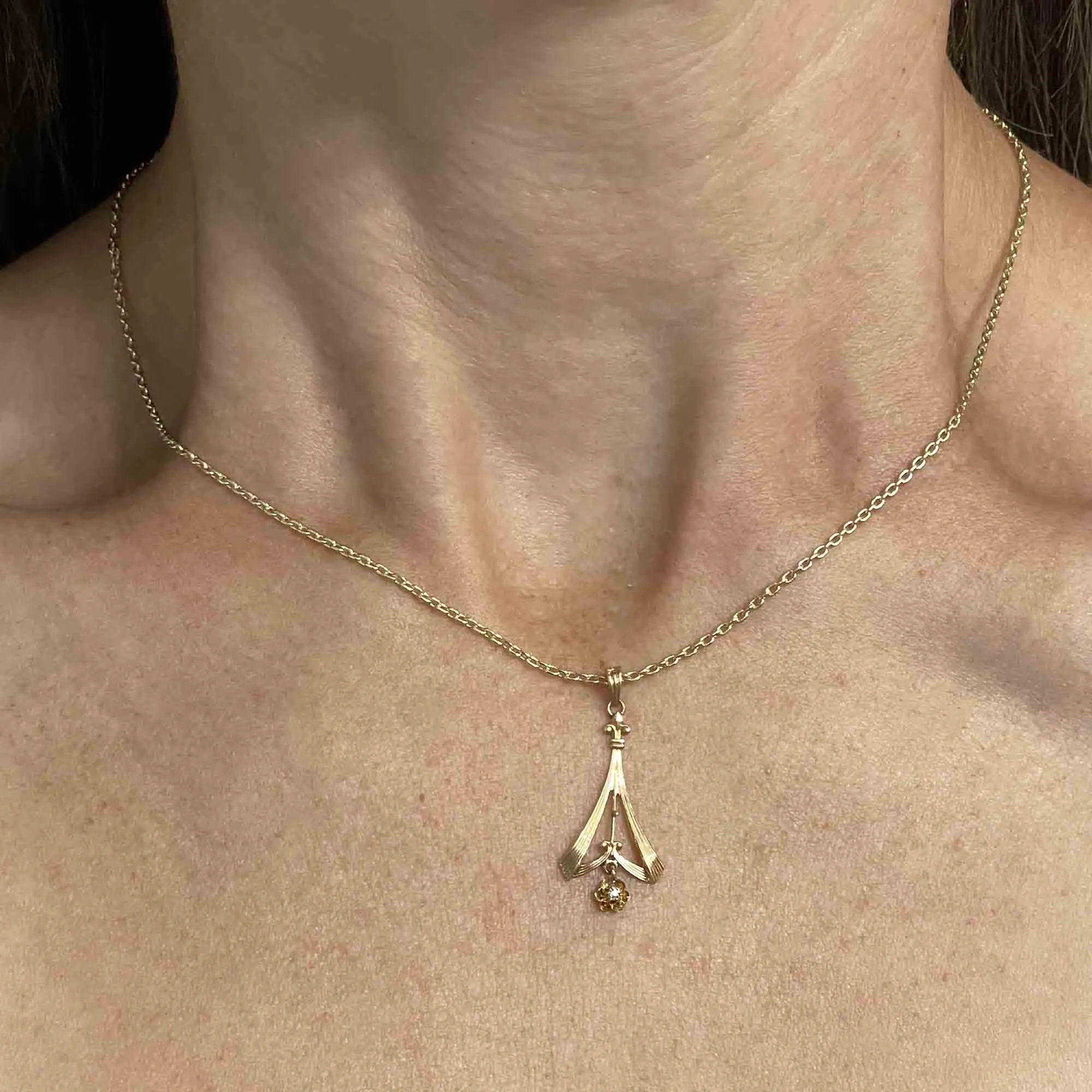 10K Rose Gold Diamond Art Nouveau Lavaliere Pendant Necklace