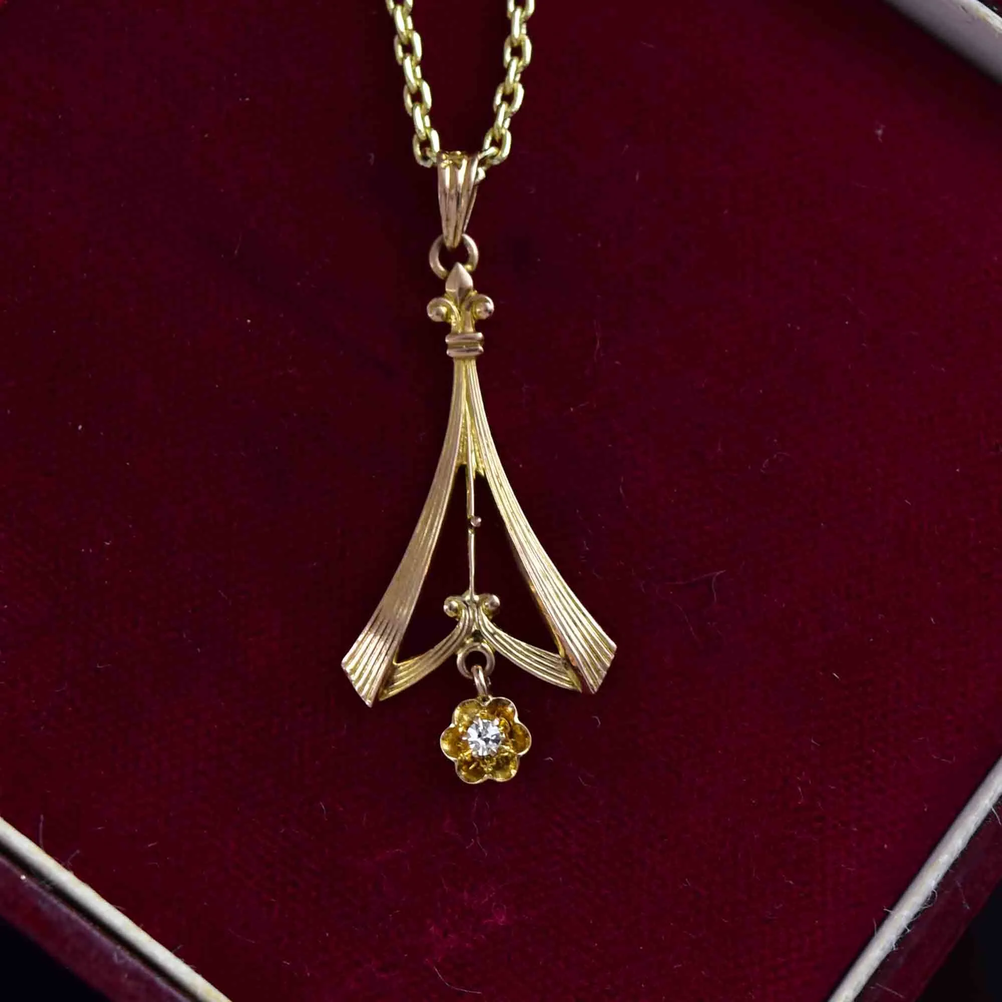 10K Rose Gold Diamond Art Nouveau Lavaliere Pendant Necklace