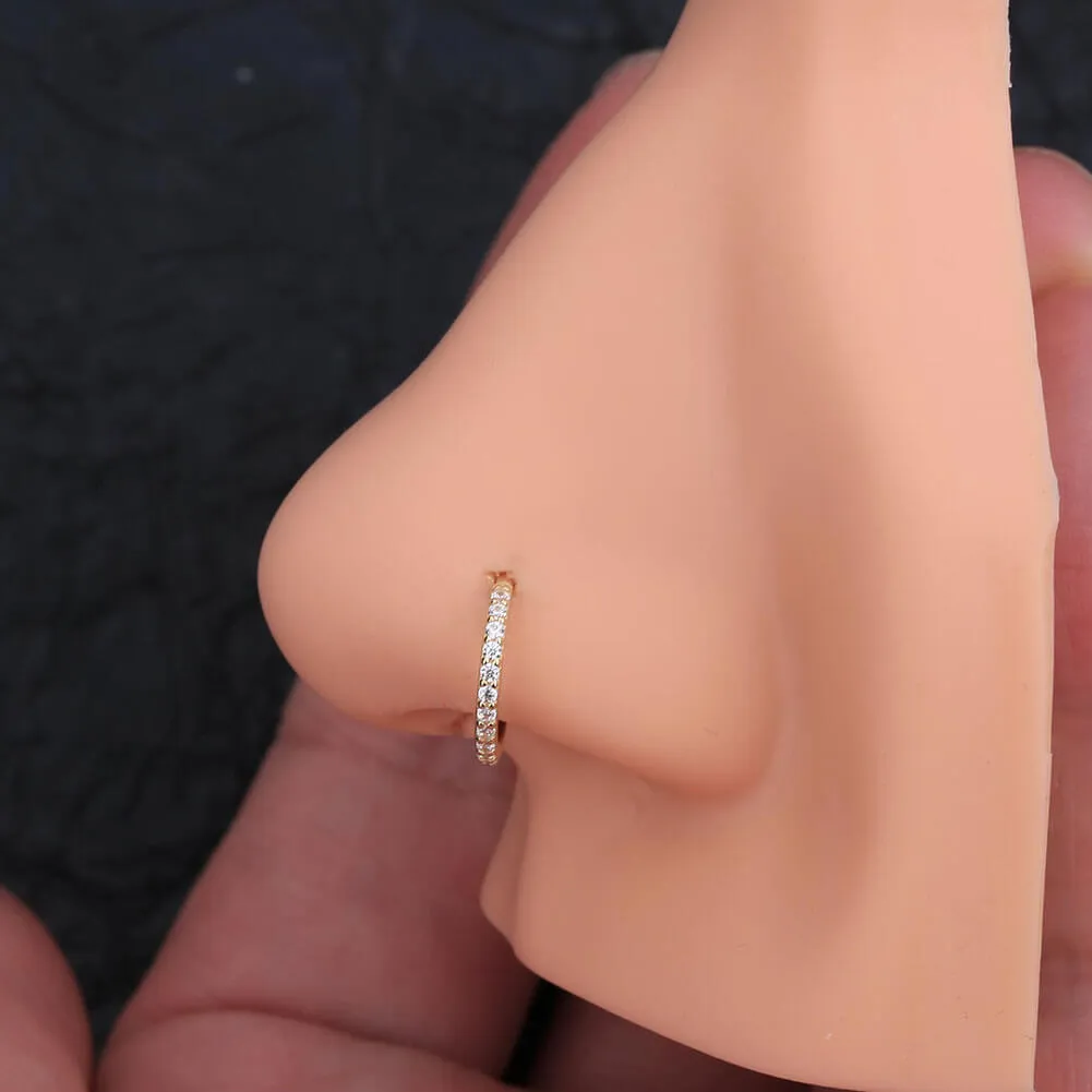 14K Gold 20G Nose Ring Hinged Segment CZ Nose Hoop Ring