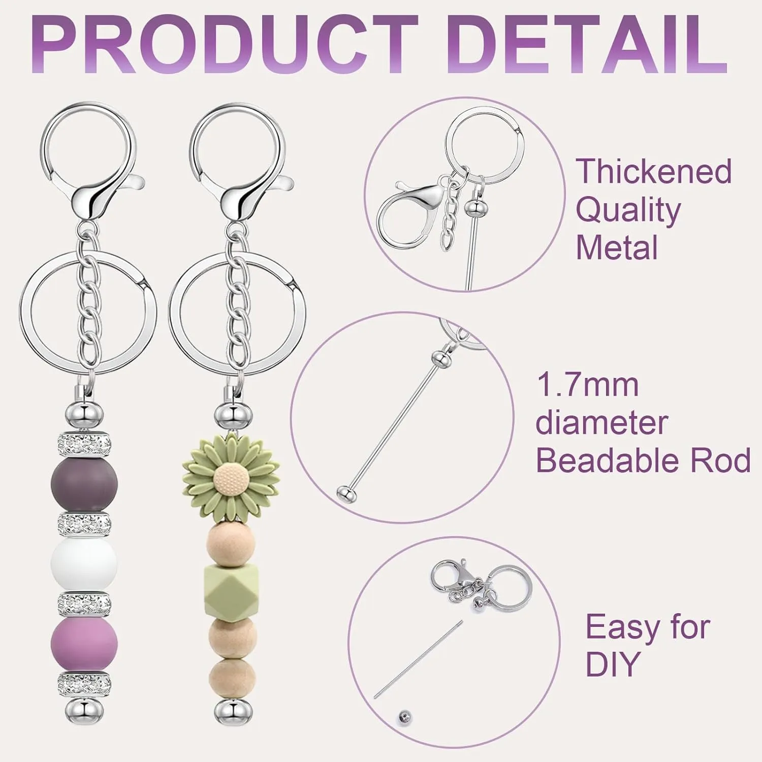 20/40/66pcs Beadable Keychain Bars Bulk Blank Creative Cute Keychains Bar for Beads Purse Keychains for Women Man