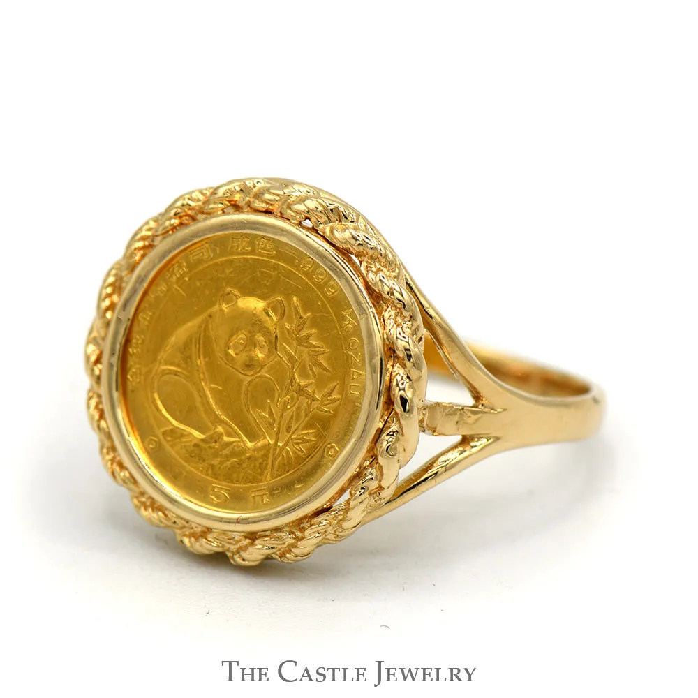 1988 24K 1/20oz Panda Coin Ring Mounted in 14K Yellow Gold Rope Bezel