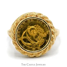 1988 24K 1/20oz Panda Coin Ring Mounted in 14K Yellow Gold Rope Bezel