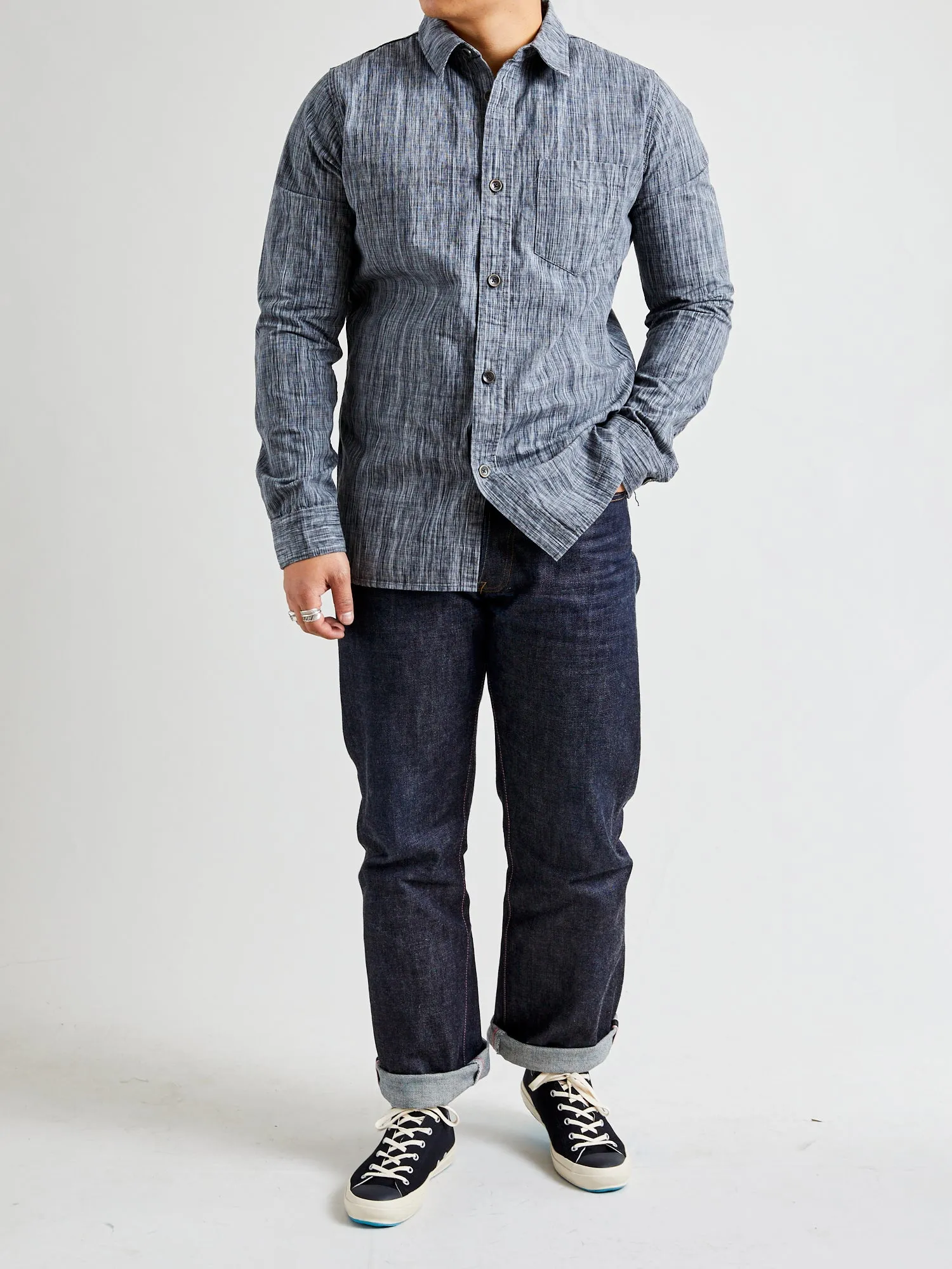 6oz Kasuri Chambray Button-Up Shirt in Black