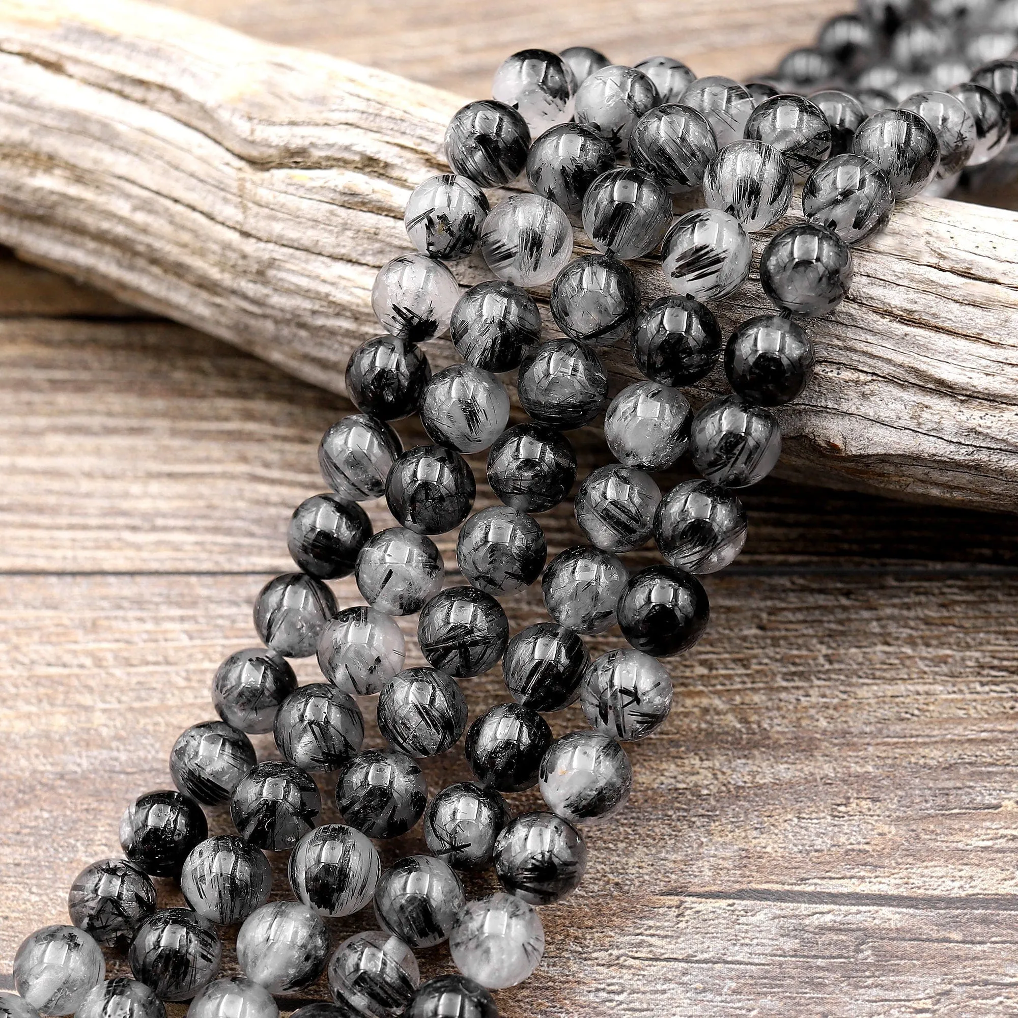 AAA Black Tourmaline Rutilated Rutile Quartz Round Beads 4mm 5mm 6mm 8mm Gemstone 15.5" Strand