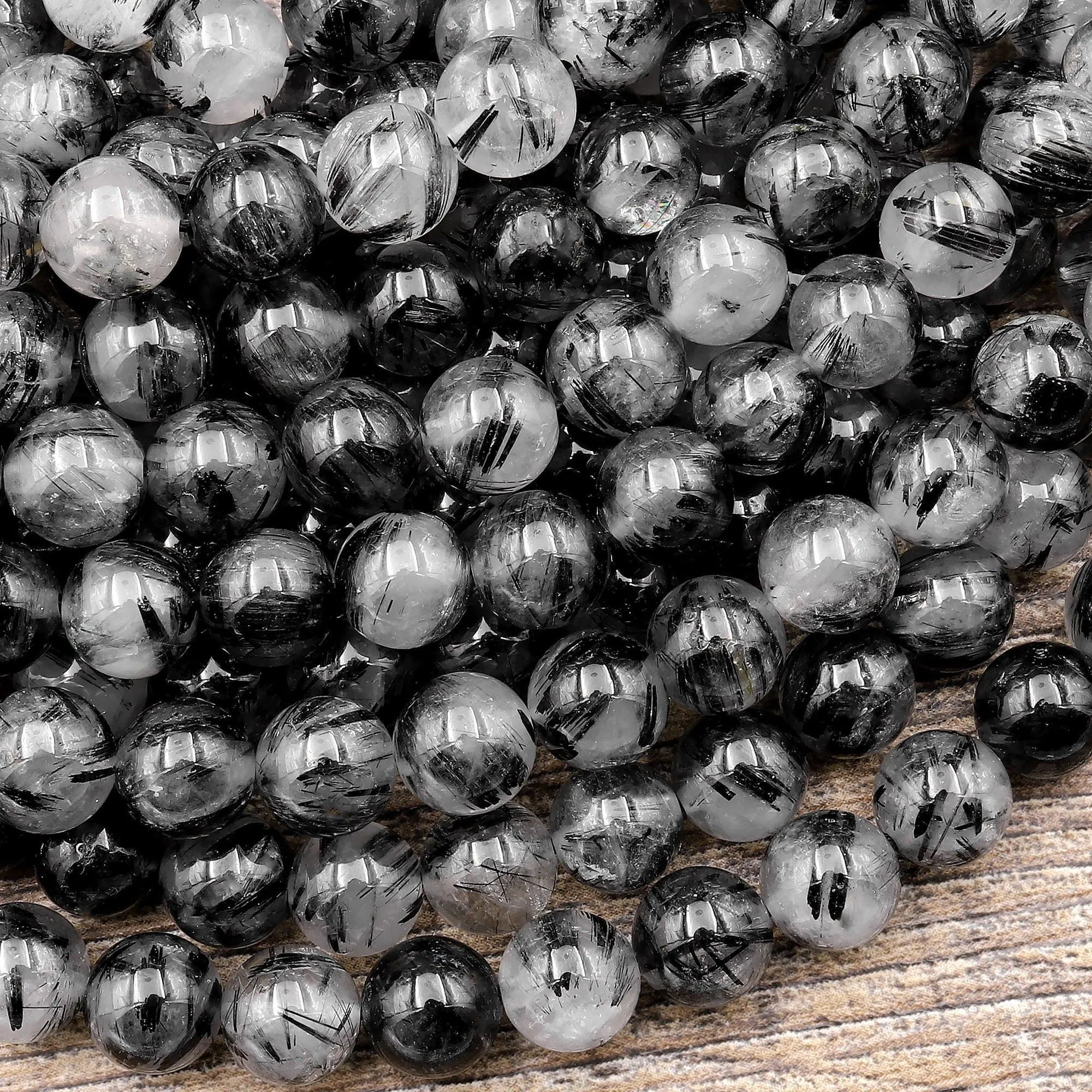 AAA Black Tourmaline Rutilated Rutile Quartz Round Beads 4mm 5mm 6mm 8mm Gemstone 15.5" Strand