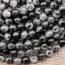 AAA Black Tourmaline Rutilated Rutile Quartz Round Beads 4mm 5mm 6mm 8mm Gemstone 15.5" Strand