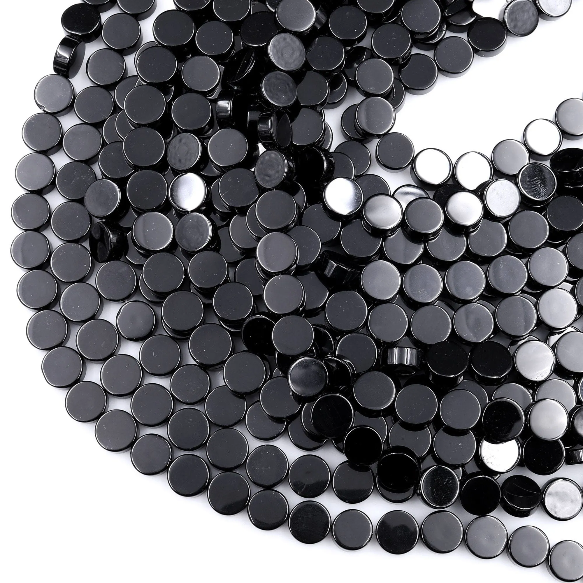 AAA Grade Natural Black Onyx Smooth Coin Beads 8mm 10mm 12mm Flat Disc 15.5" Strand