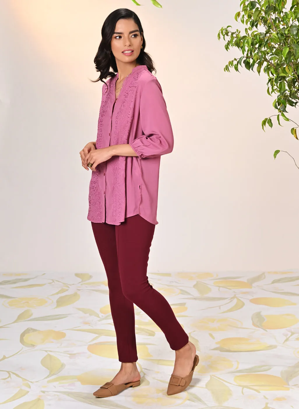 Ameera Watermelon Pink Embroidered Georgette Shirt for Women