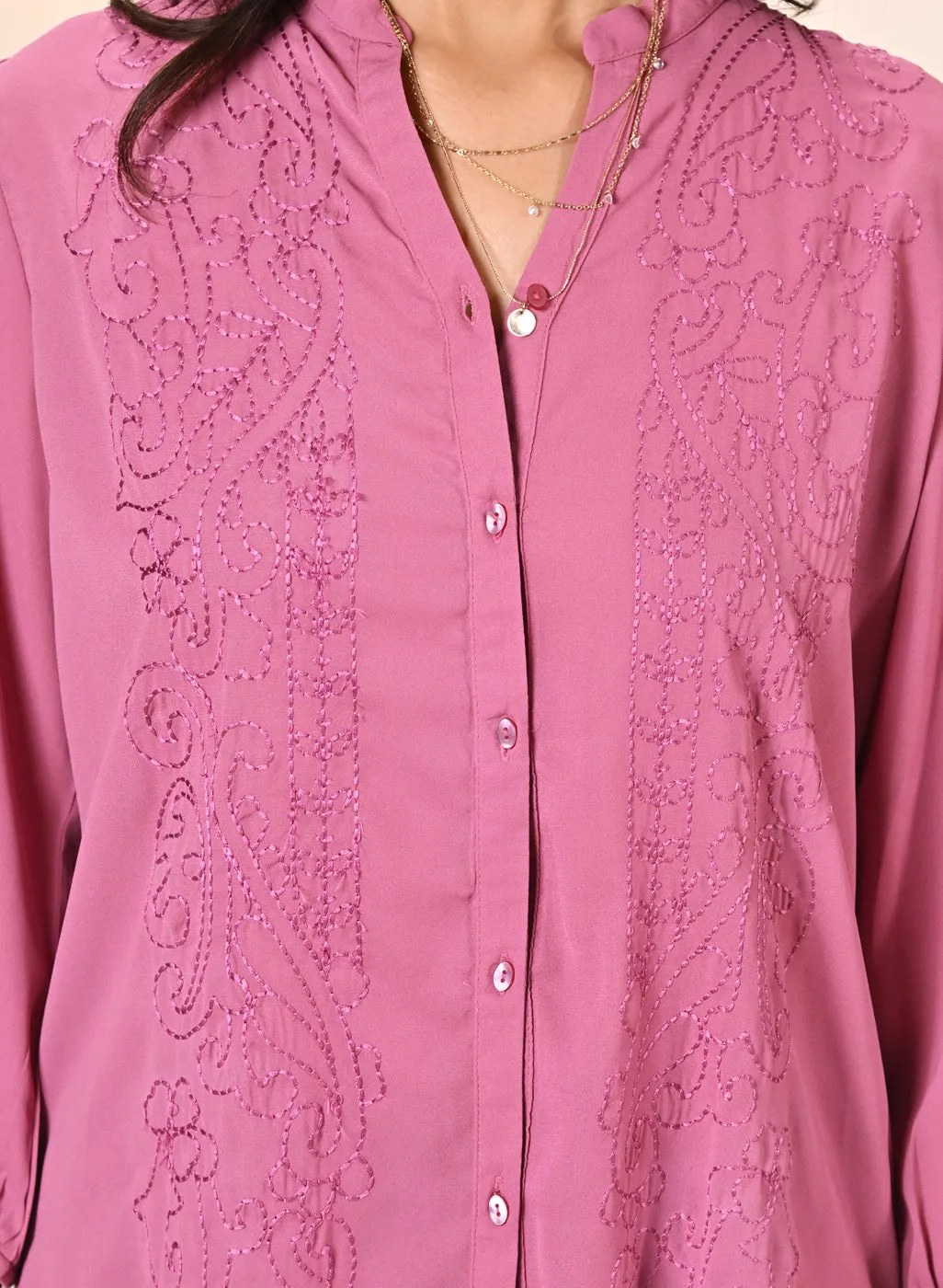 Ameera Watermelon Pink Embroidered Georgette Shirt for Women