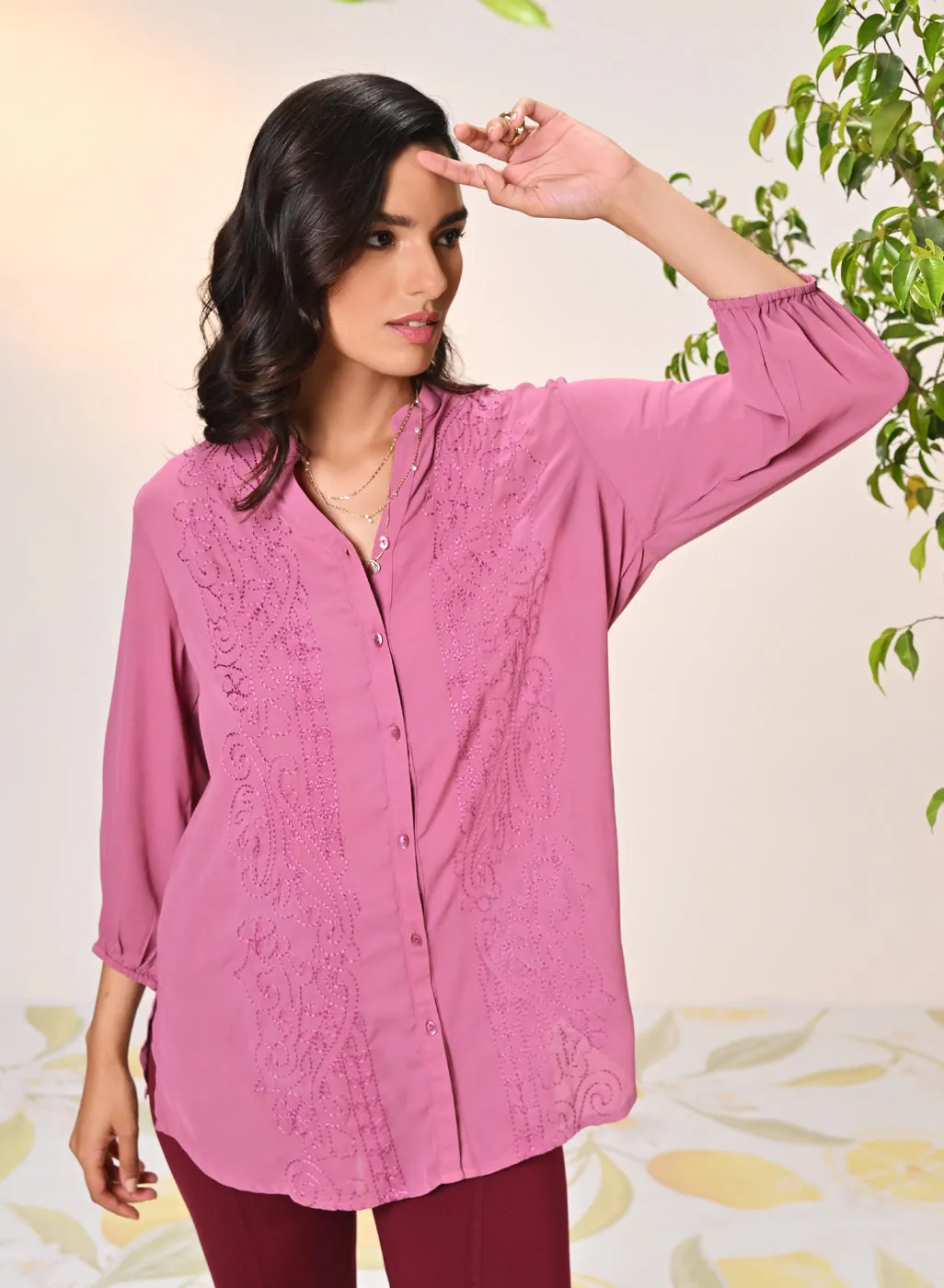 Ameera Watermelon Pink Embroidered Georgette Shirt for Women