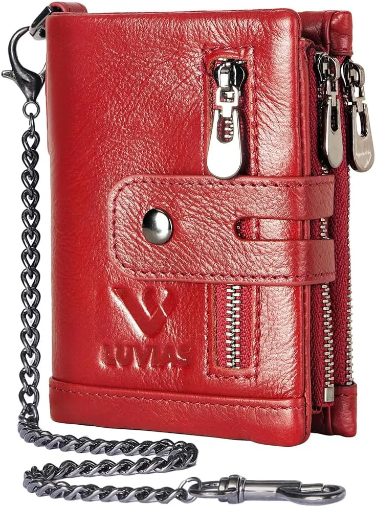Anti-Theft Mens Wallet with Chain Genuine Leather ID Window Purse with RFID Blocking Bifold Double Zipper Coin Pocket
