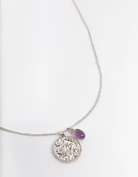 Antique Silver Amethyst Textured Coin Necklace