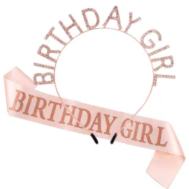 AOPRIE Birthday Girl Crown for Women with Sash Rose Gold Tiara for Women Headband Princess Crown Rhinestone Happy Birthday Accessories
