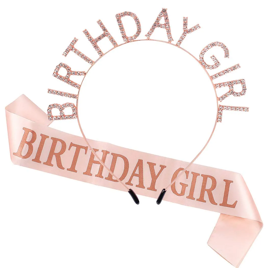 AOPRIE Birthday Girl Crown for Women with Sash Rose Gold Tiara for Women Headband Princess Crown Rhinestone Happy Birthday Accessories