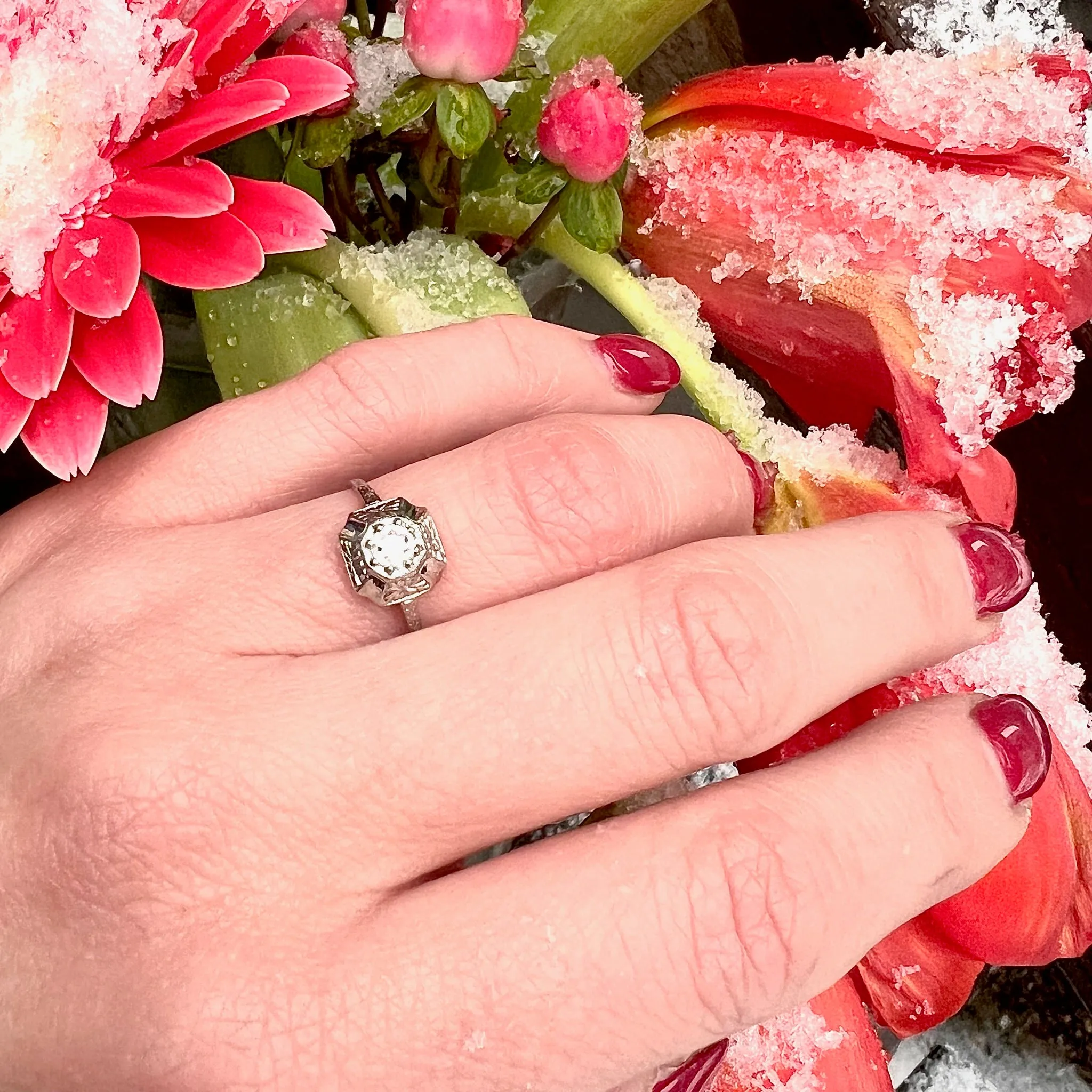 Beautiful Engraved White Gold Engagement Ring by Belais