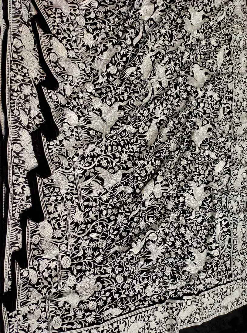 Elegant Black Georgette Saree with Parsi Gara Embroidery Featuring Floral and Bird Design