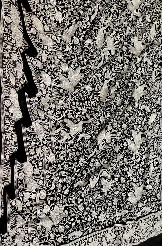 Elegant Black Georgette Saree with Parsi Gara Embroidery Featuring Floral and Bird Design
