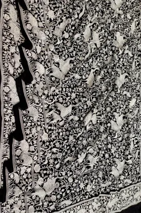 Elegant Black Georgette Saree with Parsi Gara Embroidery Featuring Floral and Bird Design