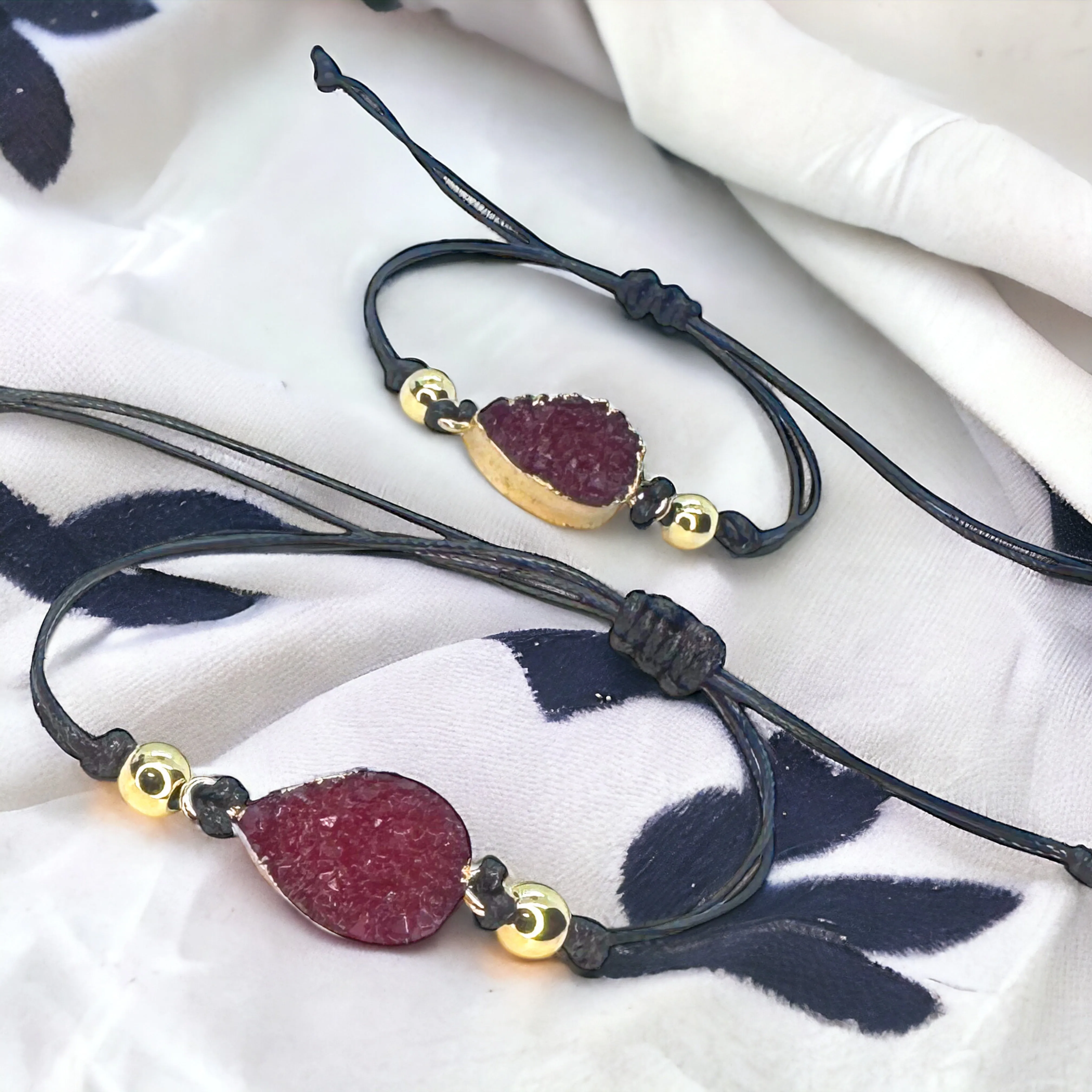 Black Leather Bracelet with Gold and Fuchsia Charm