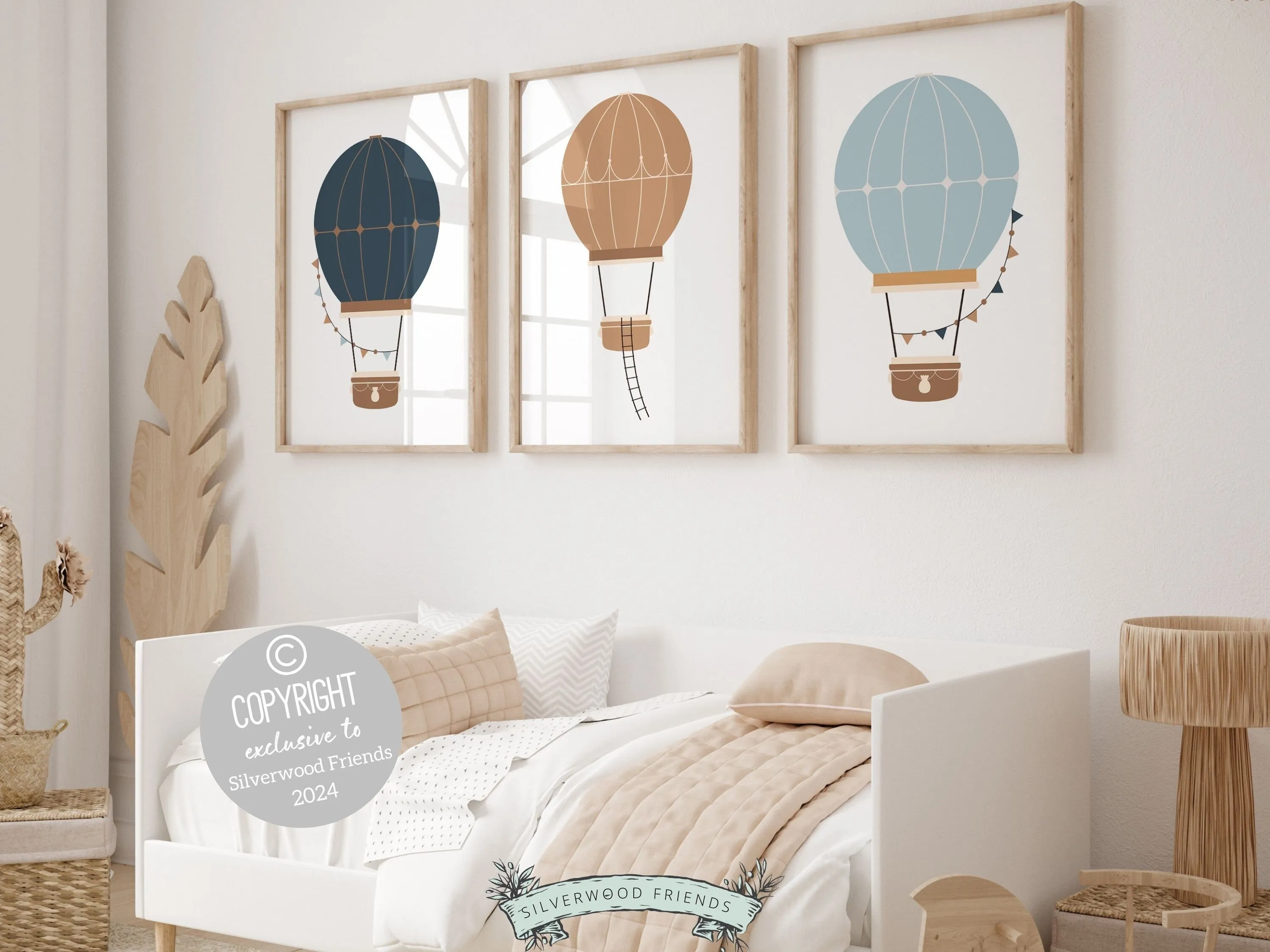 Blue Beige Hot Air Balloon Nursery Prints