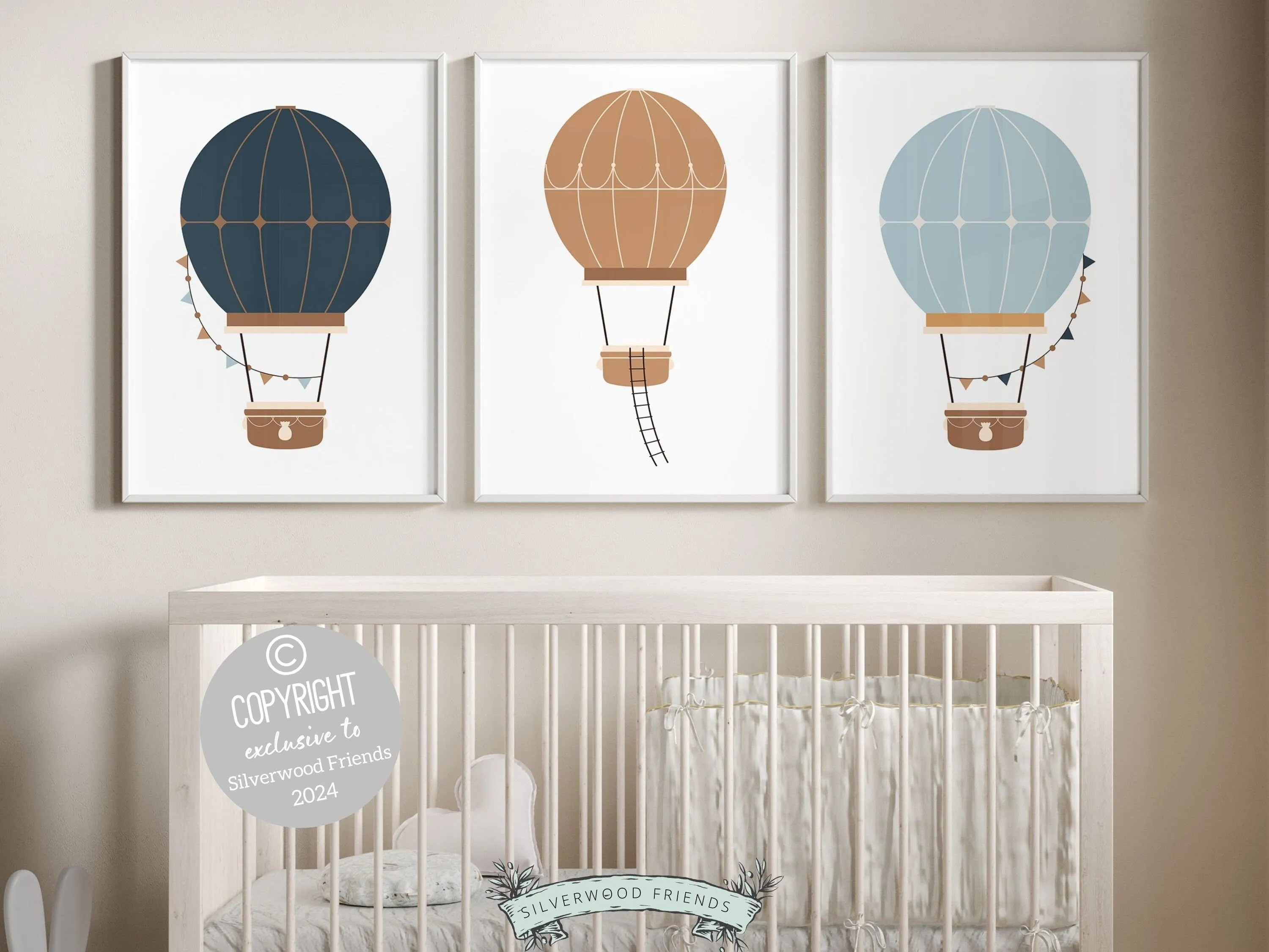 Blue Beige Hot Air Balloon Nursery Prints