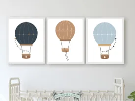 Blue Beige Hot Air Balloon Nursery Prints