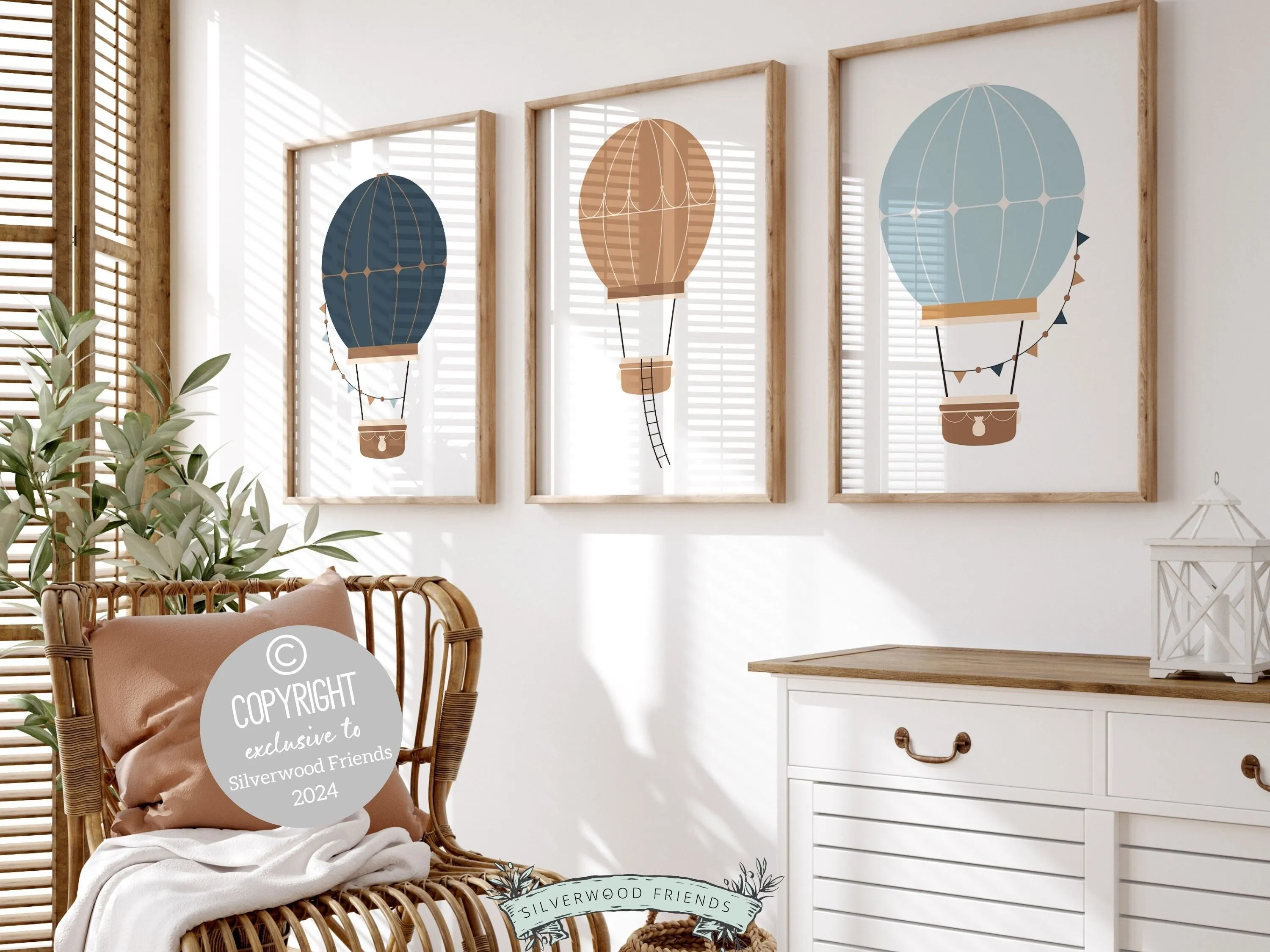 Blue Beige Hot Air Balloon Nursery Prints