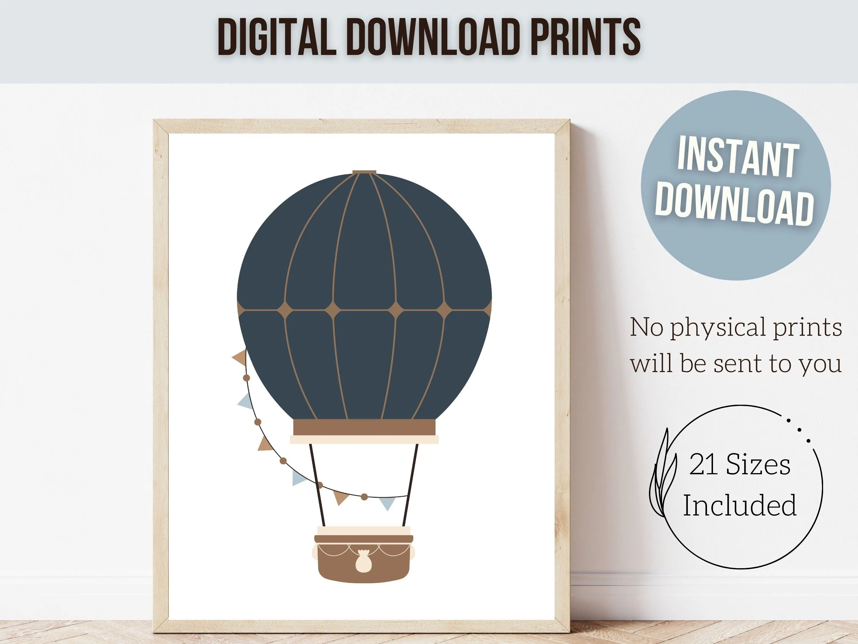 Blue Beige Hot Air Balloon Nursery Prints