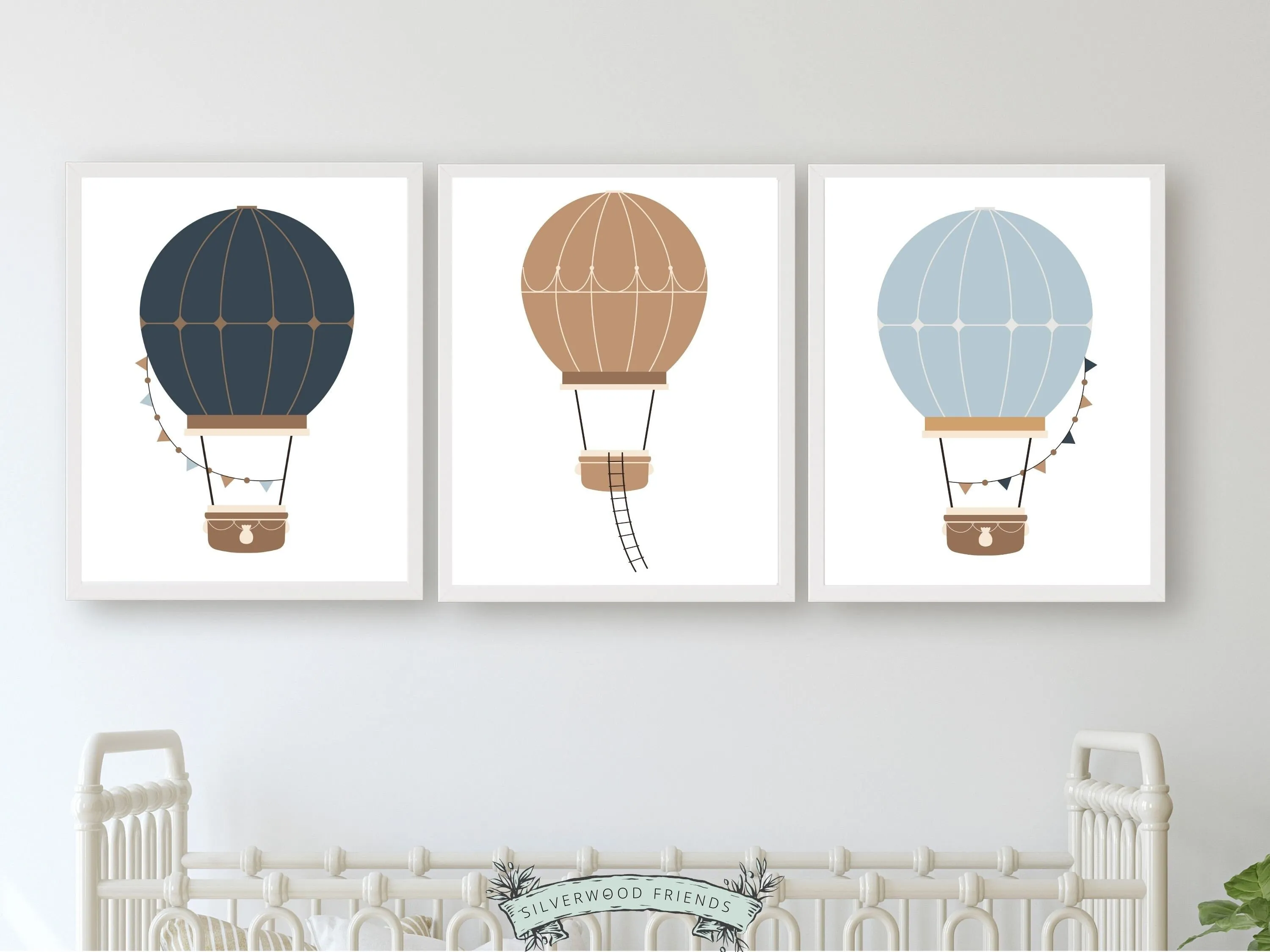 Blue Beige Hot Air Balloon Nursery Prints