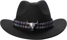 Classic Cowboy Hat for Men: Wide Brim Western Cowboy Hat with Belt Decorative Metal Bull Head Fedora Hats