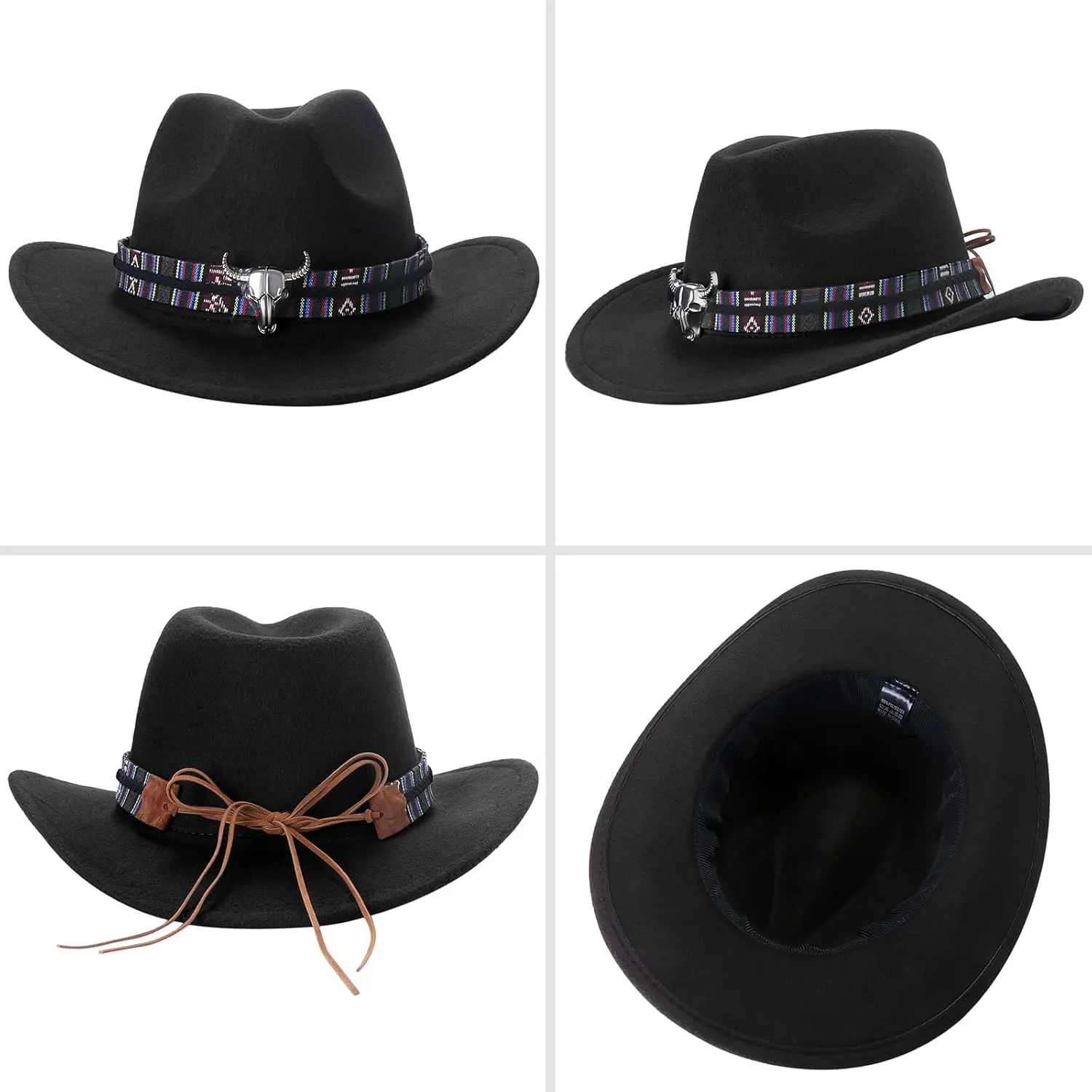 Classic Cowboy Hat for Men: Wide Brim Western Cowboy Hat with Belt Decorative Metal Bull Head Fedora Hats