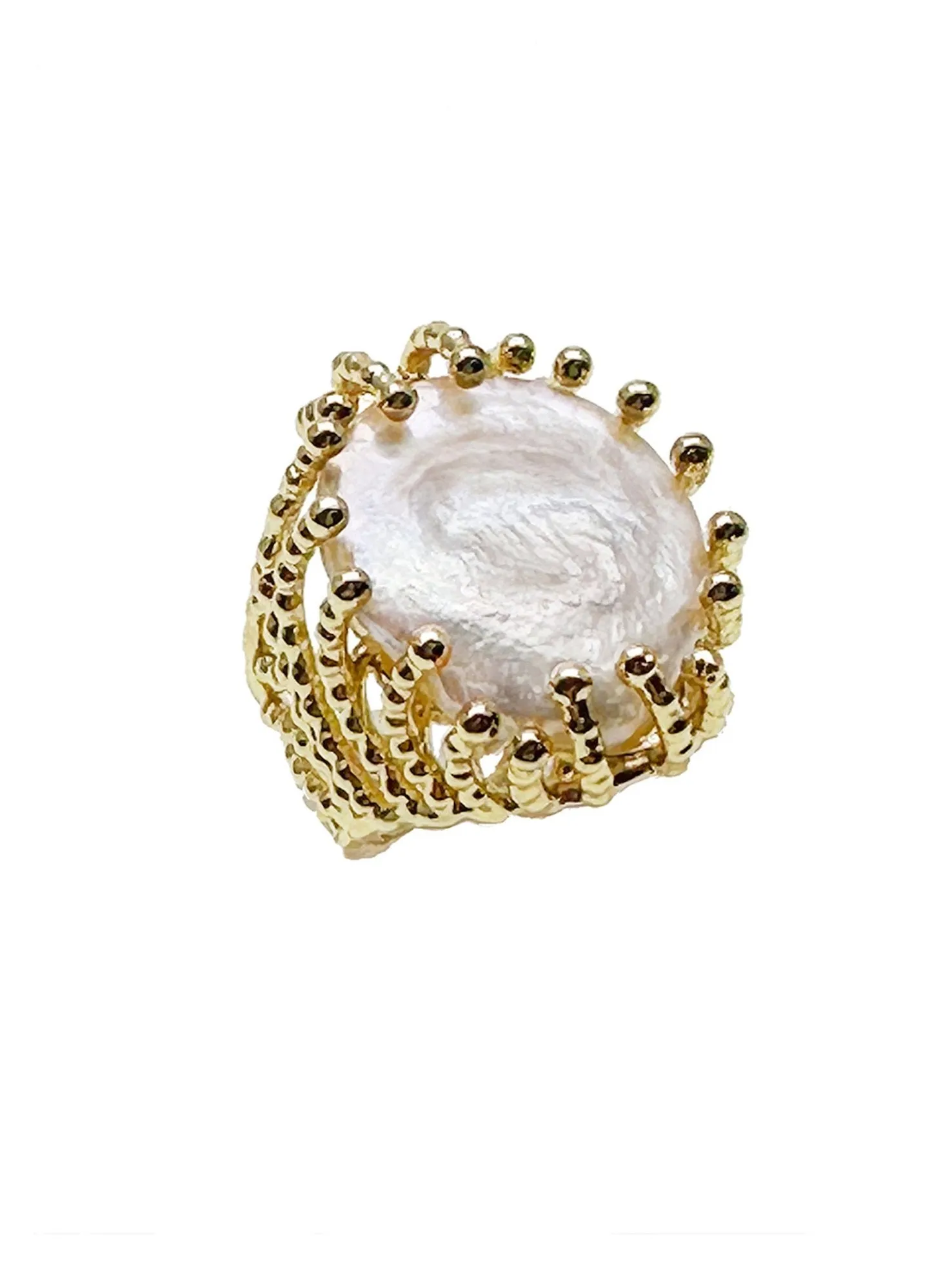 Coin Shaped Freshwater Pearl Open Ring KR001
