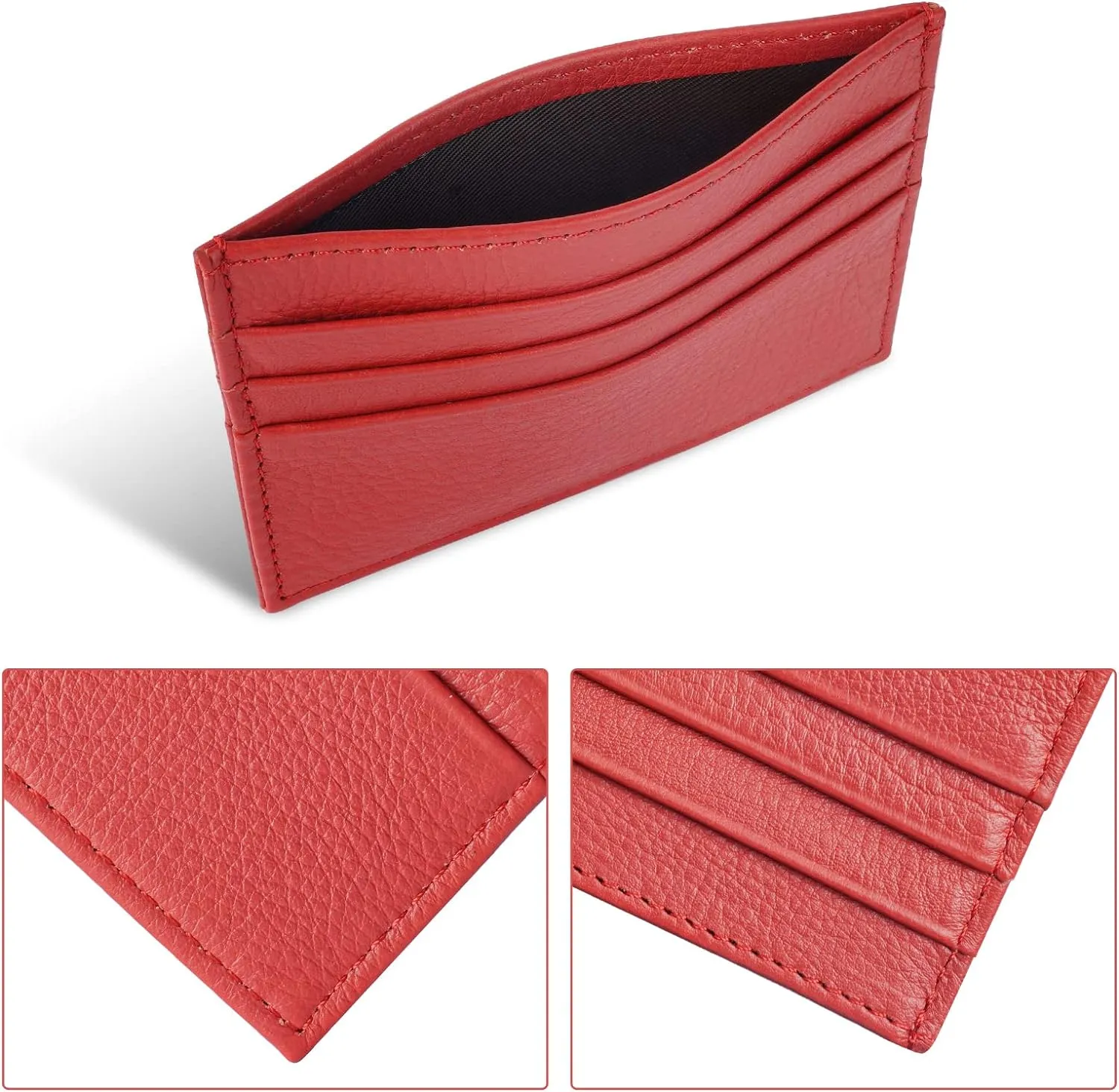 Credit Card Holder Wallet, RFID Blocking Leather Ultra Slim Wallet, Thin Minimalist Credit Card Case Card Protector, Front Pocket Wallets for Men, Women - 6 Card Slots and 1 Pockets (Red)