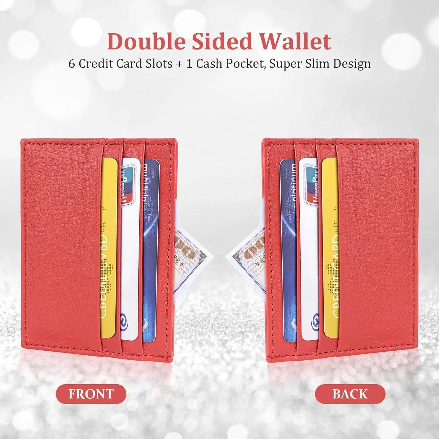 Credit Card Holder Wallet, RFID Blocking Leather Ultra Slim Wallet, Thin Minimalist Credit Card Case Card Protector, Front Pocket Wallets for Men, Women - 6 Card Slots and 1 Pockets (Red)