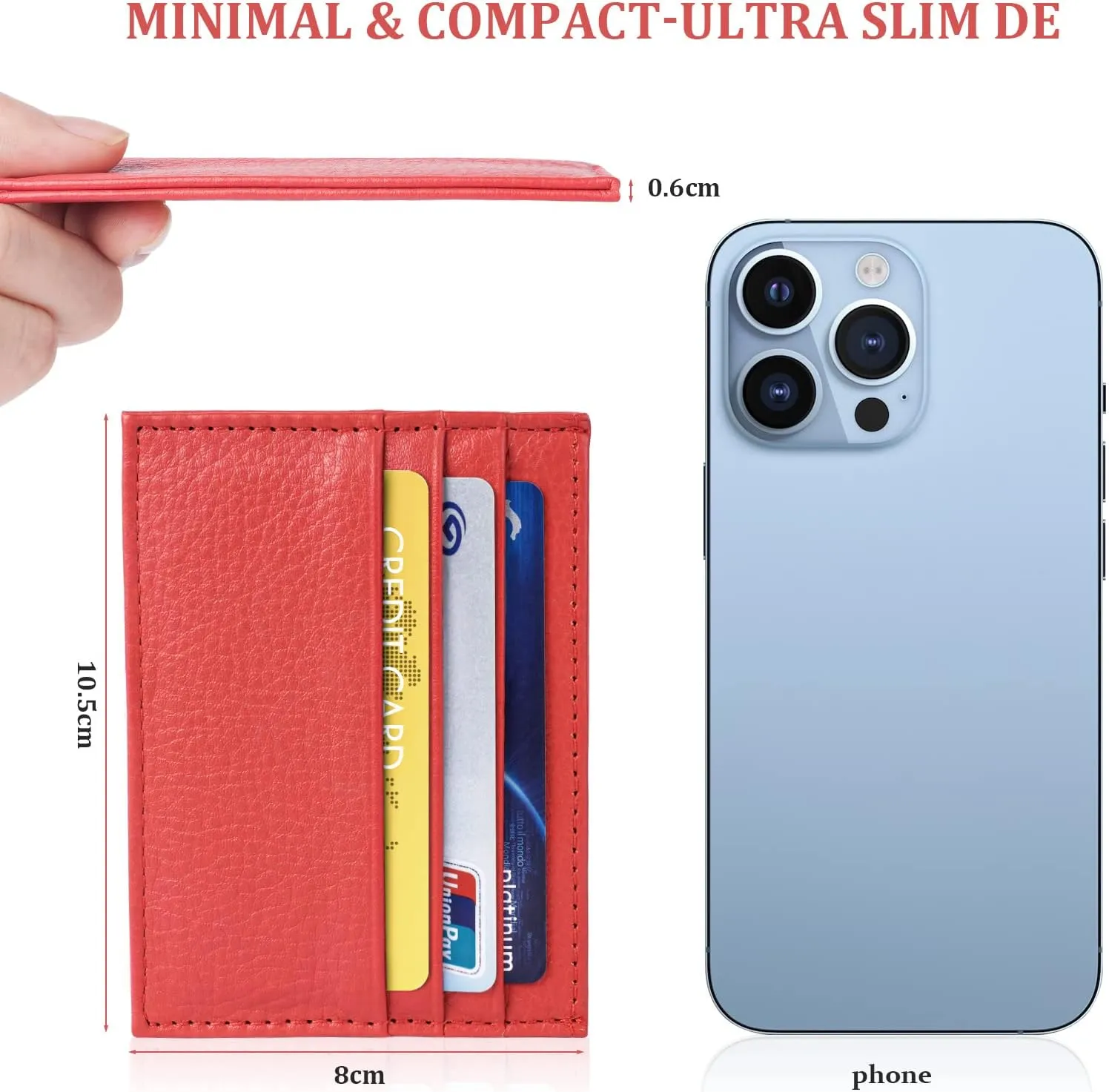 Credit Card Holder Wallet, RFID Blocking Leather Ultra Slim Wallet, Thin Minimalist Credit Card Case Card Protector, Front Pocket Wallets for Men, Women - 6 Card Slots and 1 Pockets (Red)