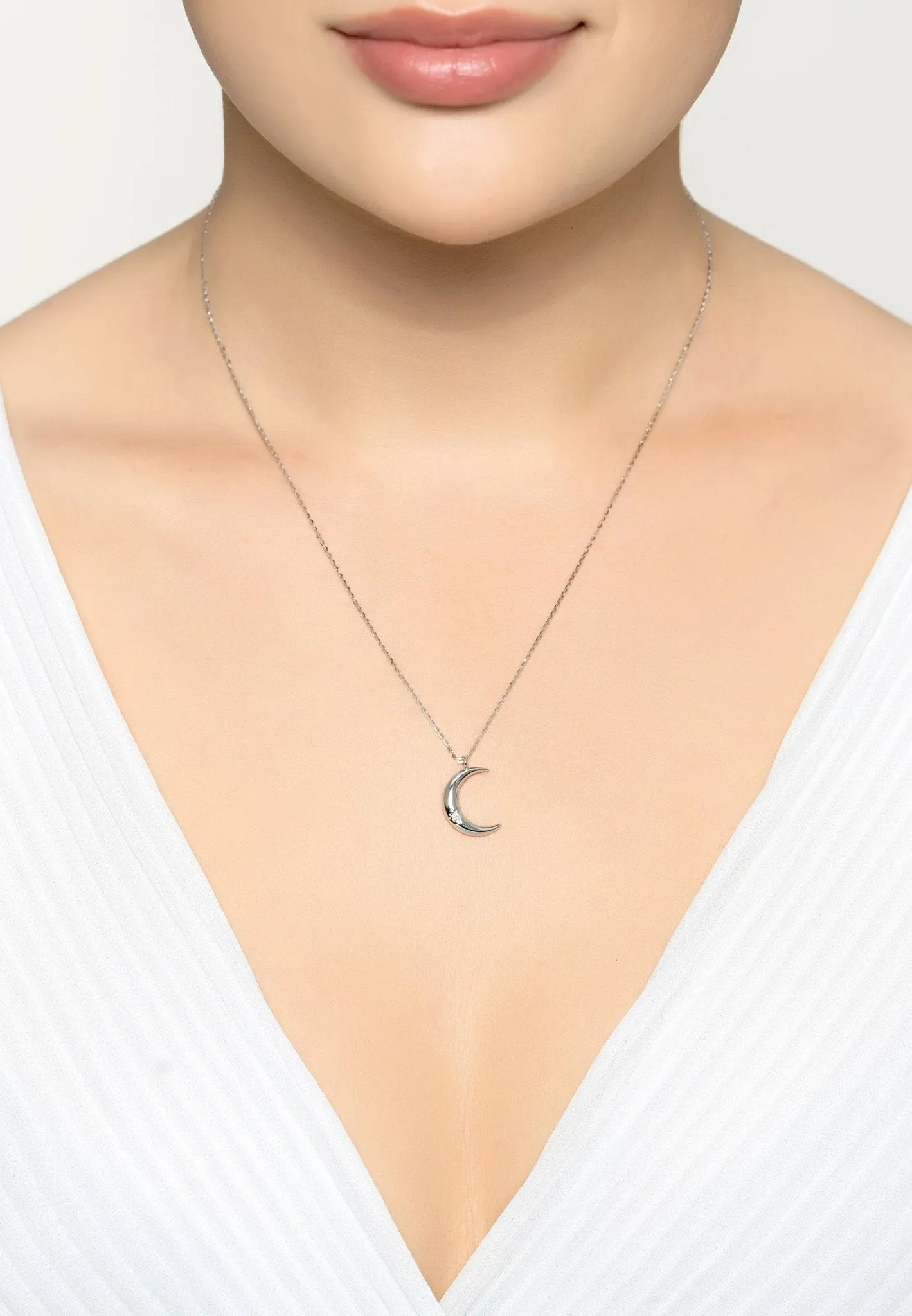 Crescent Moon With Star Necklace Silver