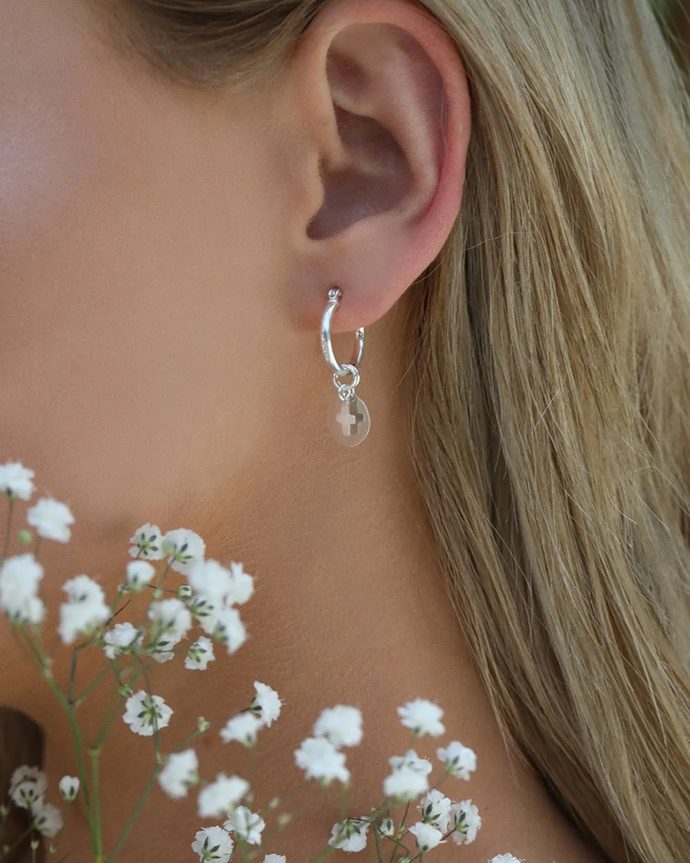 Cross Coin Thick Hoop Earrings  - Sterling Silver
