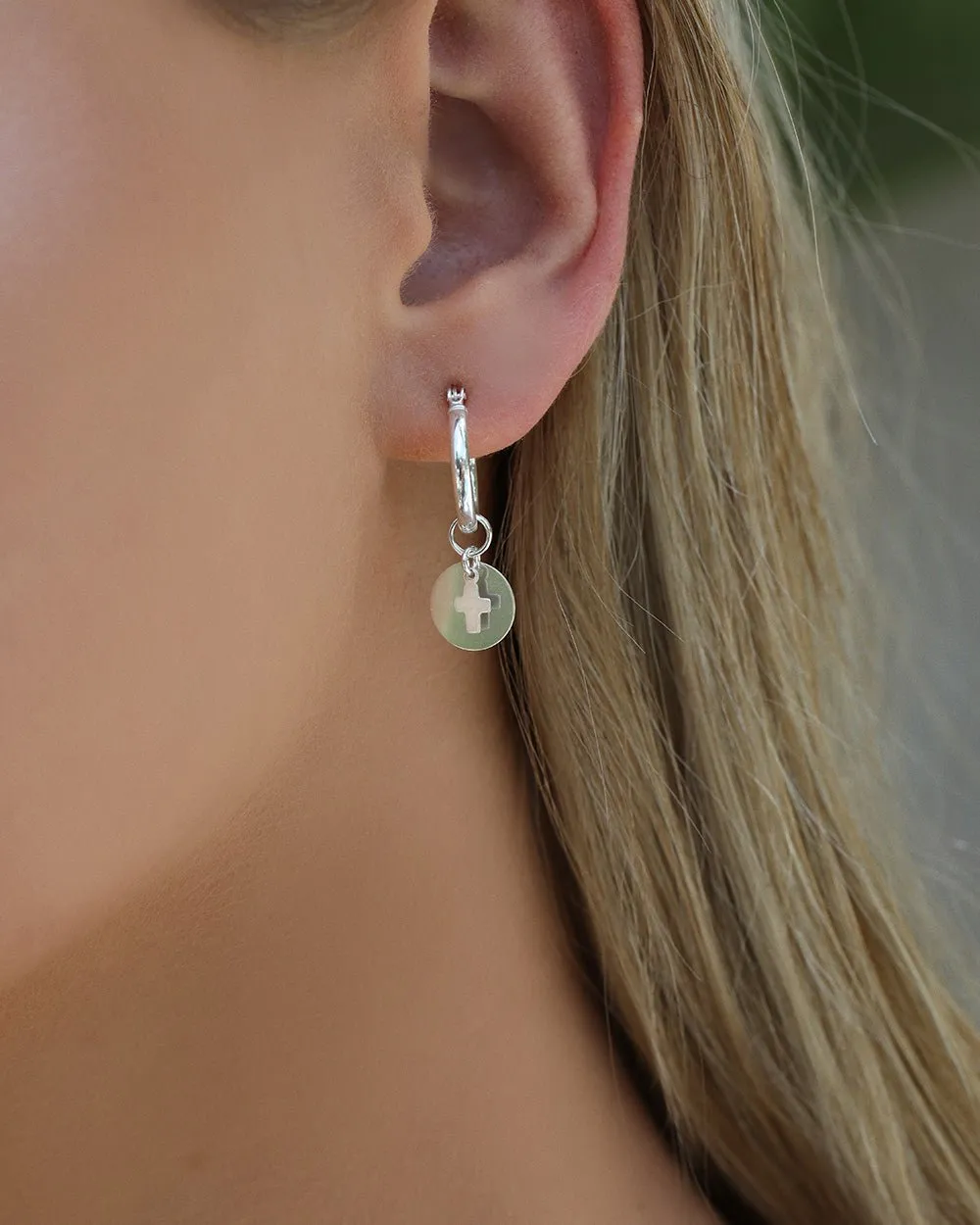 Cross Coin Thick Hoop Earrings  - Sterling Silver