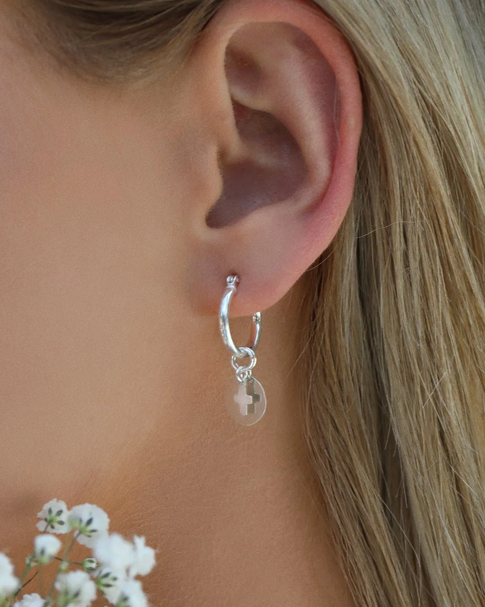 Cross Coin Thick Hoop Earrings  - Sterling Silver