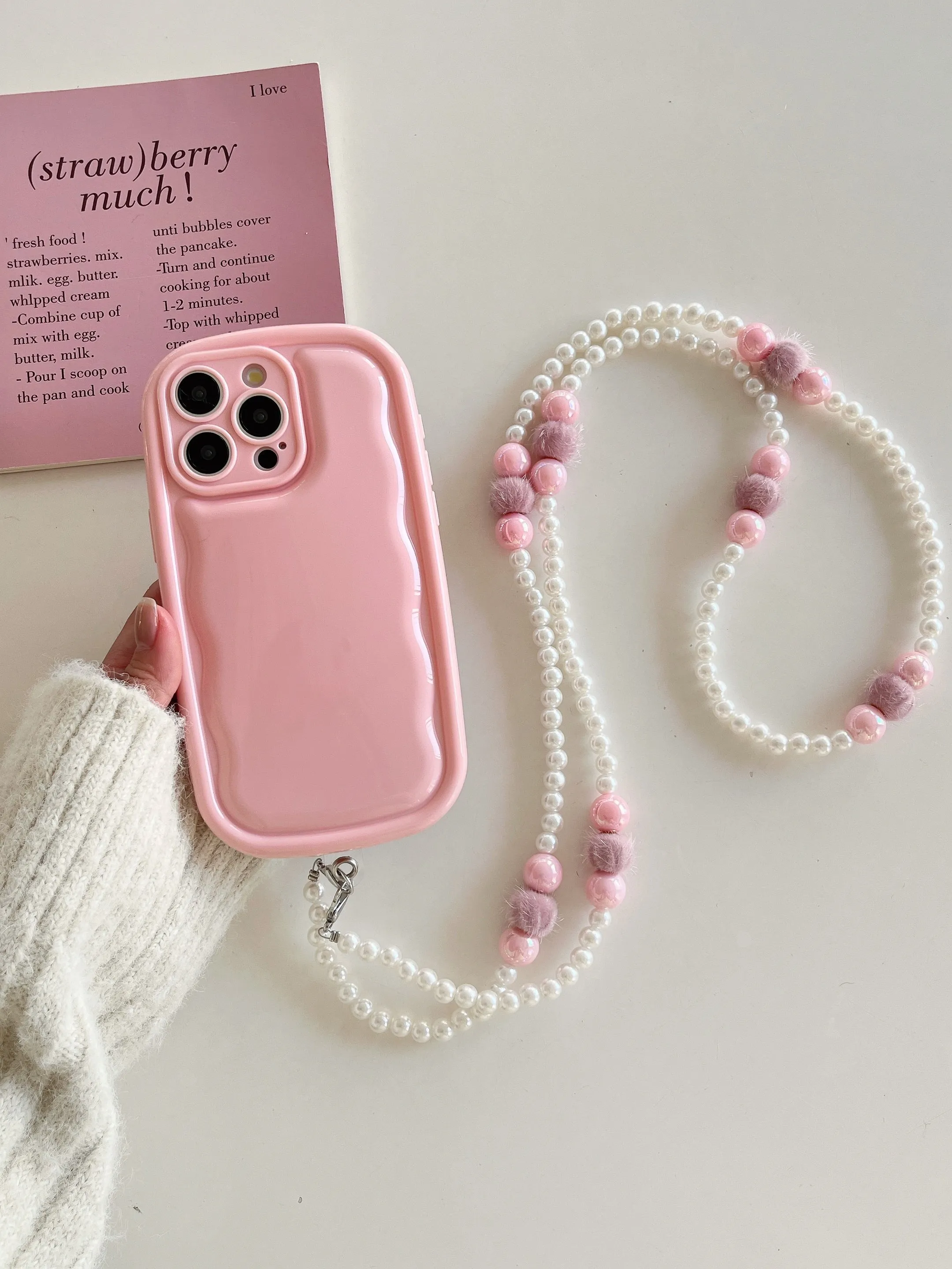 Designer Solid Color Wawy Silicon Case for iPhone With Sling Beaded Chain