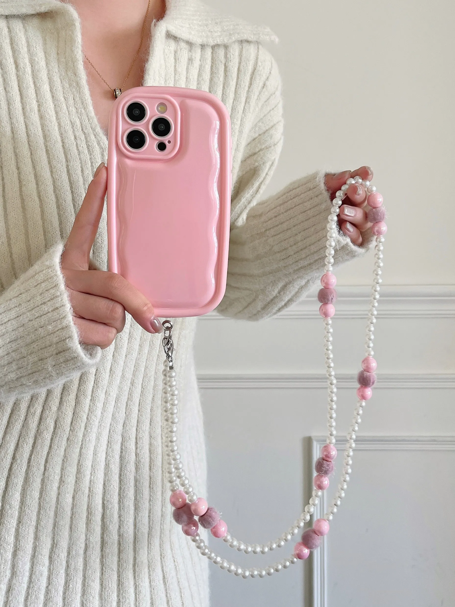 Designer Solid Color Wawy Silicon Case for iPhone With Sling Beaded Chain