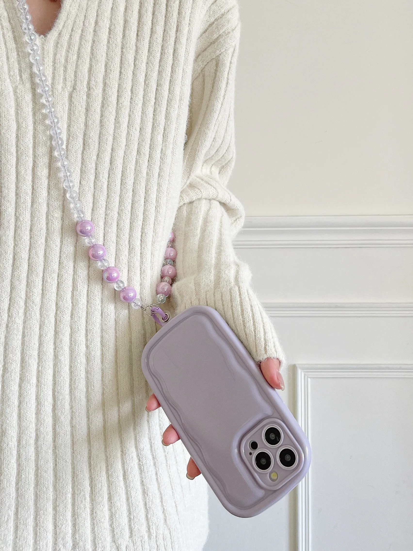 Designer Solid Color Wawy Silicon Case for iPhone With Sling Beaded Chain