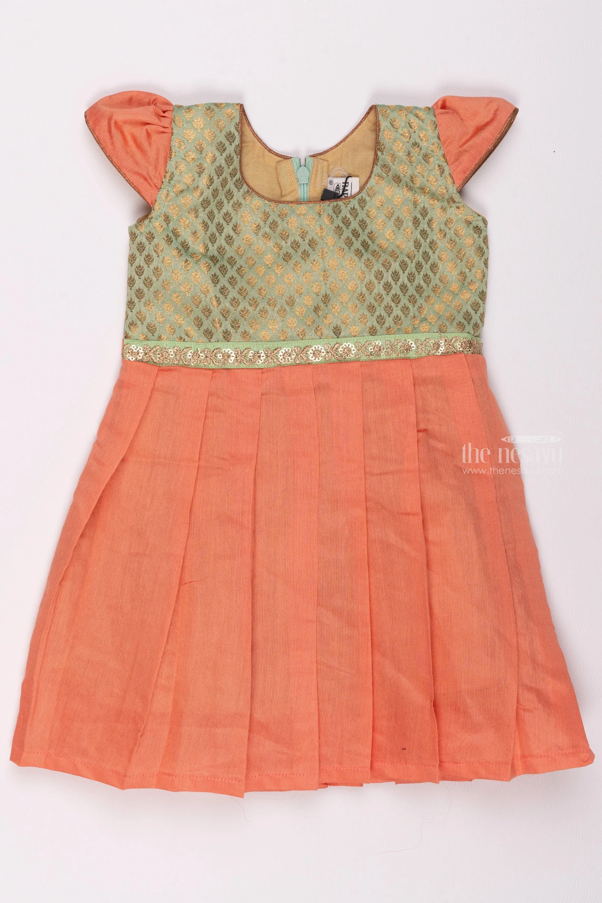 Elegant Salmon and Gold Traditional Pattu Silk Frock for Girls with Delicate Golden Patterns