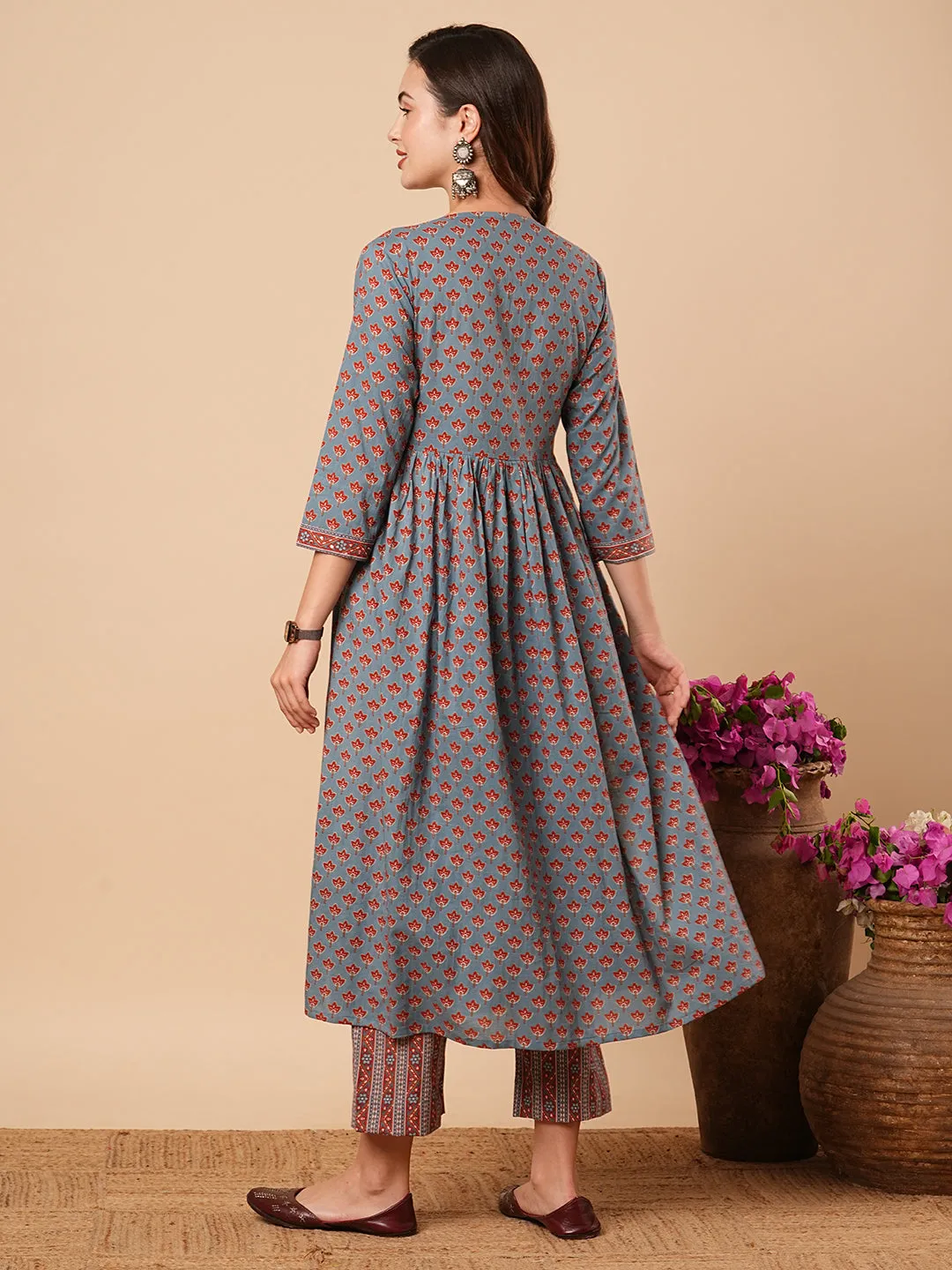 Ethnic Floral Printed & Embroidered A-Line Pleated Kurta with Pant - Blue