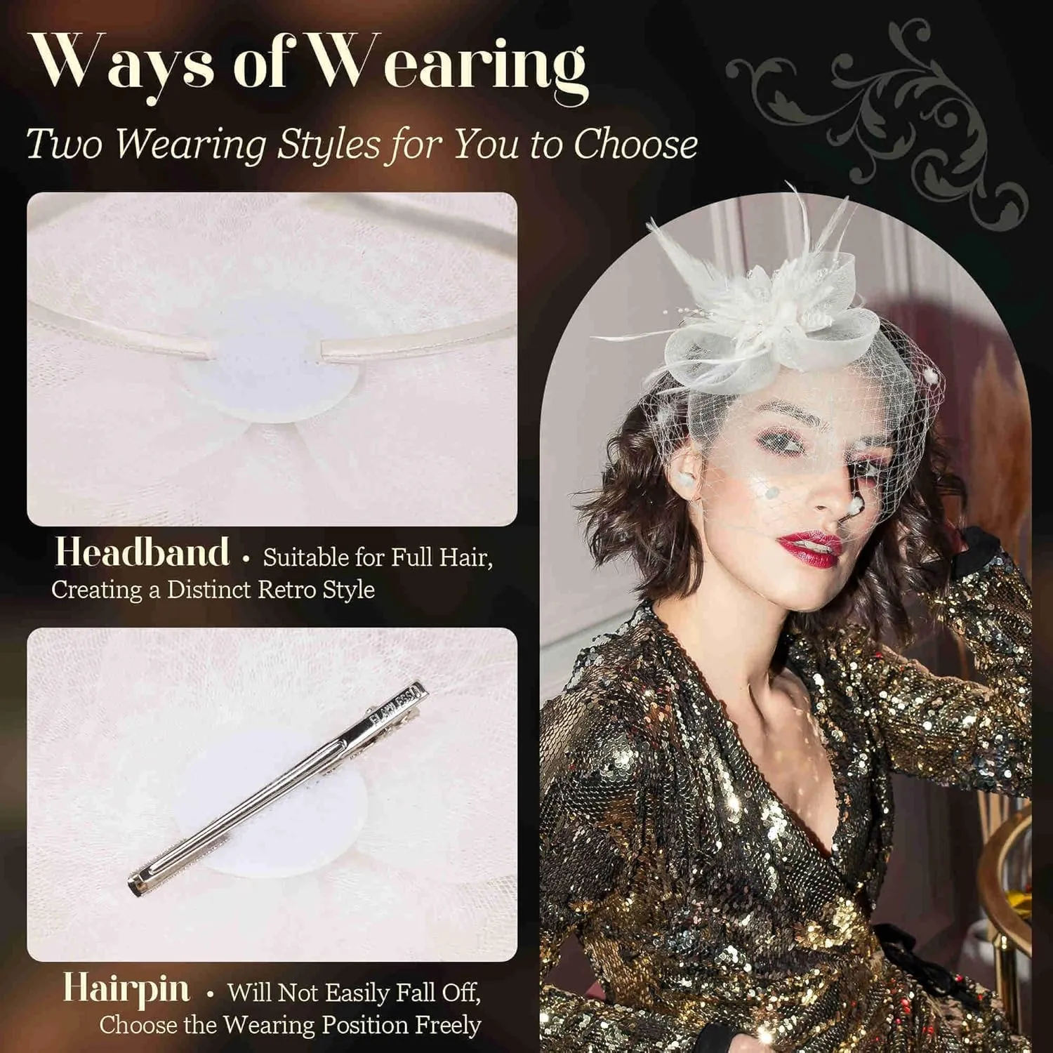 Fascinators Hats for Women Tea Party Hat Feather Mesh Headband Vintage Lace Cocktail Headwear Veil Hair Clip Church