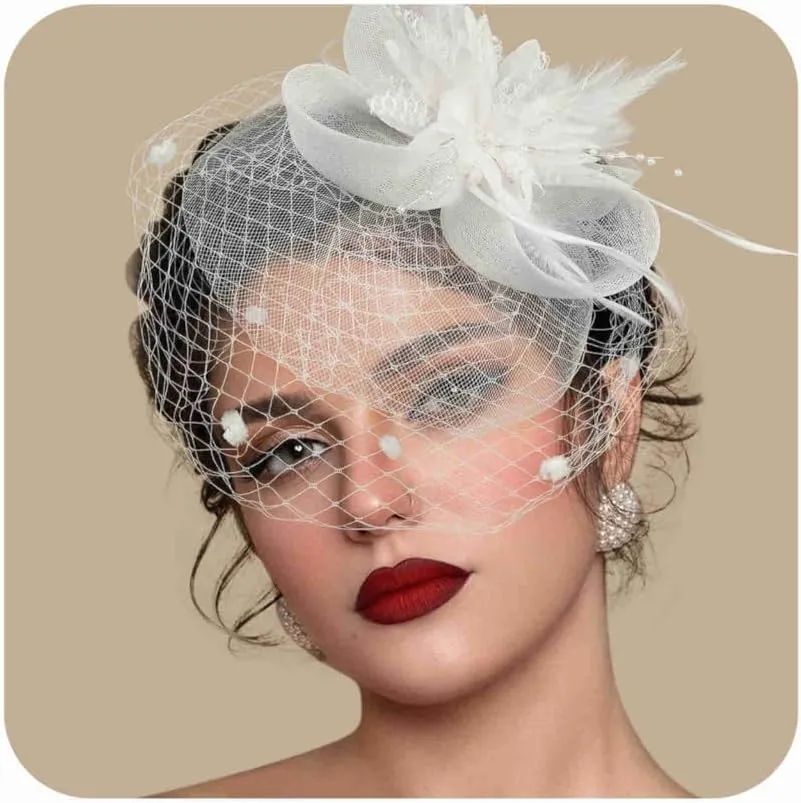 Fascinators Hats for Women Tea Party Hat Feather Mesh Headband Vintage Lace Cocktail Headwear Veil Hair Clip Church