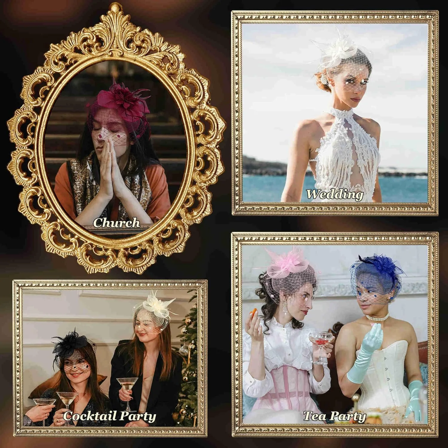 Fascinators Hats for Women Tea Party Hat Feather Mesh Headband Vintage Lace Cocktail Headwear Veil Hair Clip Church