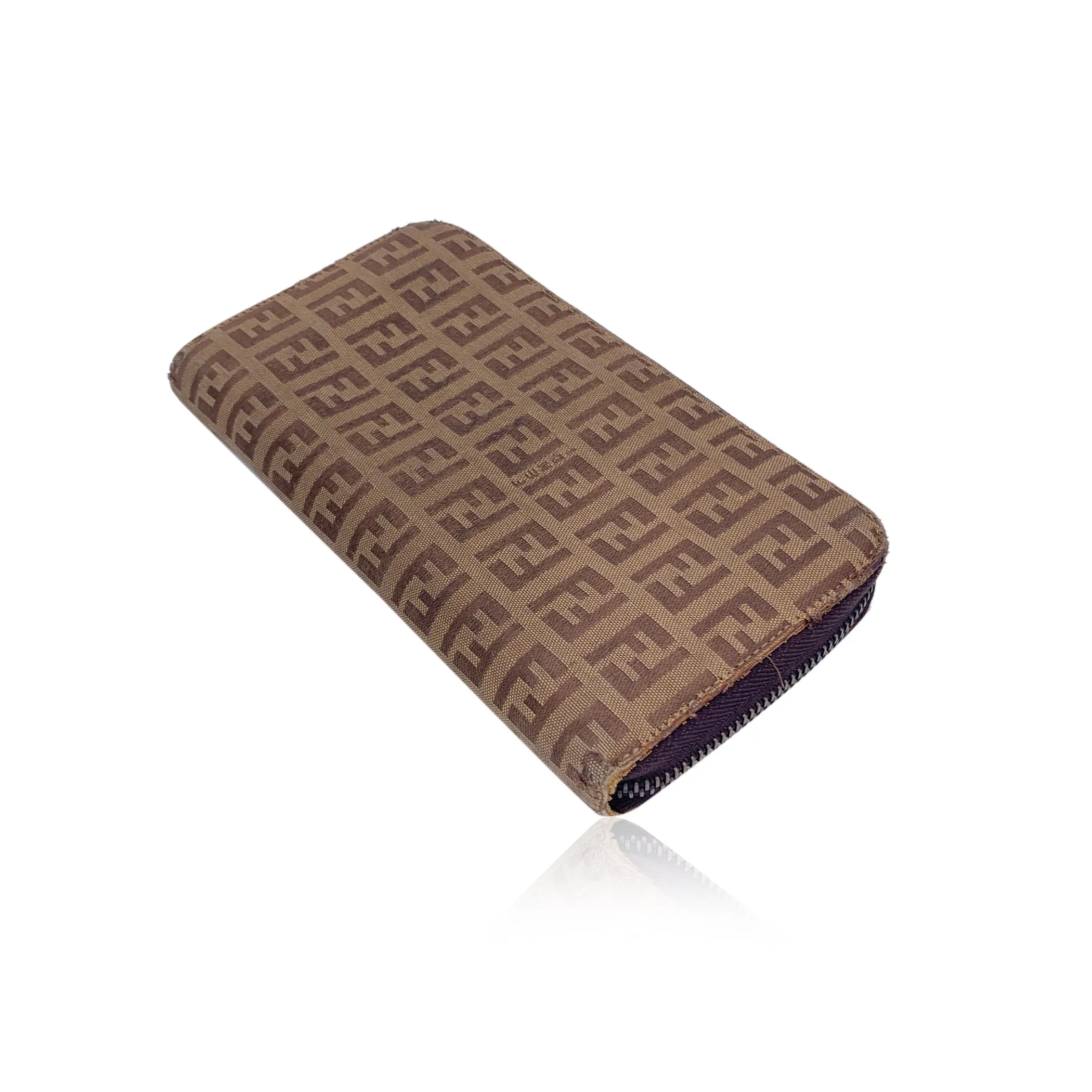 Fendi Beige Zucchino Monogram Canvas Zip Long Wallet Coin Purse